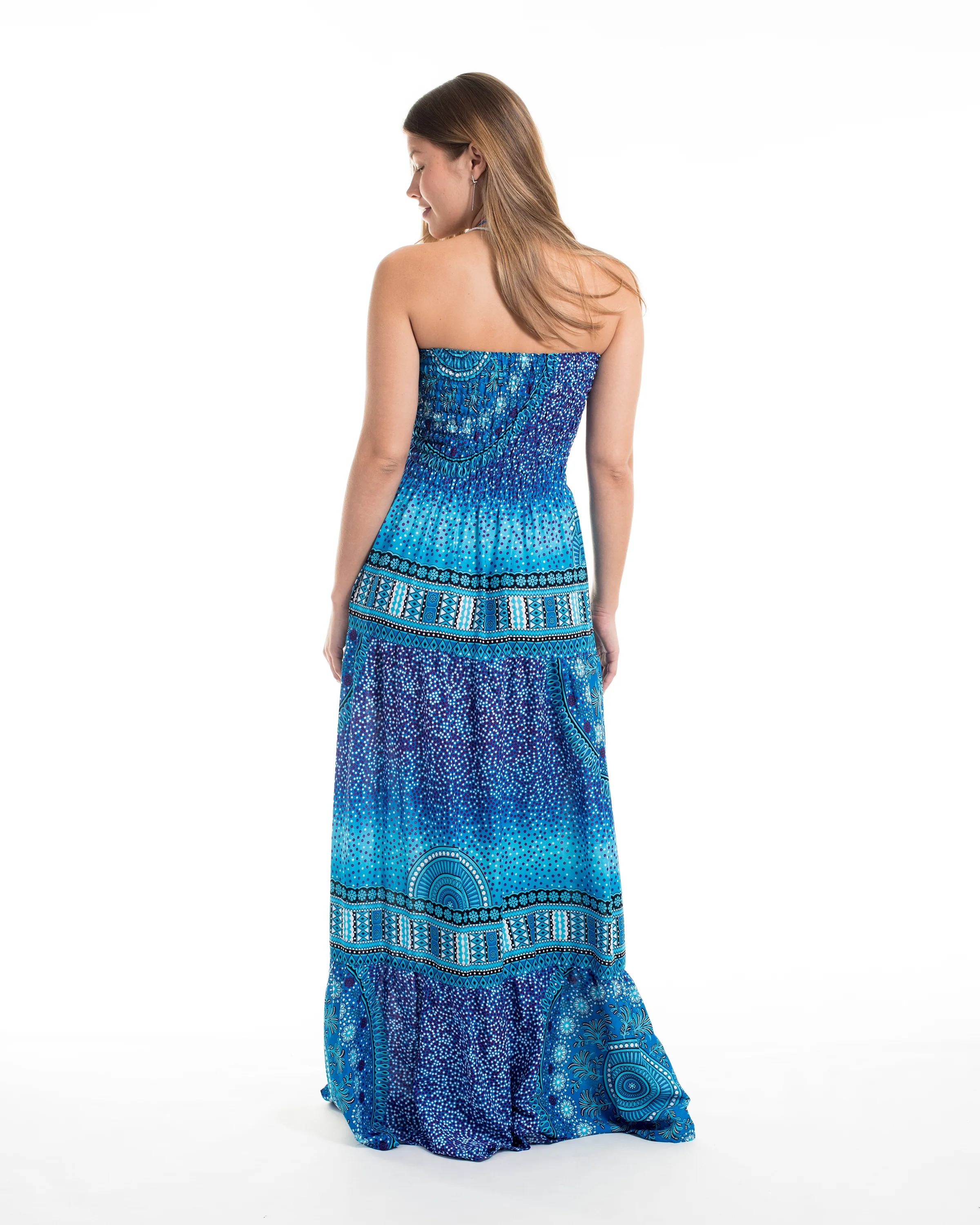 2249-Tribal-Chakras-Smocked-Maxi-Dress-in-Blue-3.webp Tribal Chakras Smocked Maxi Dress in Blue