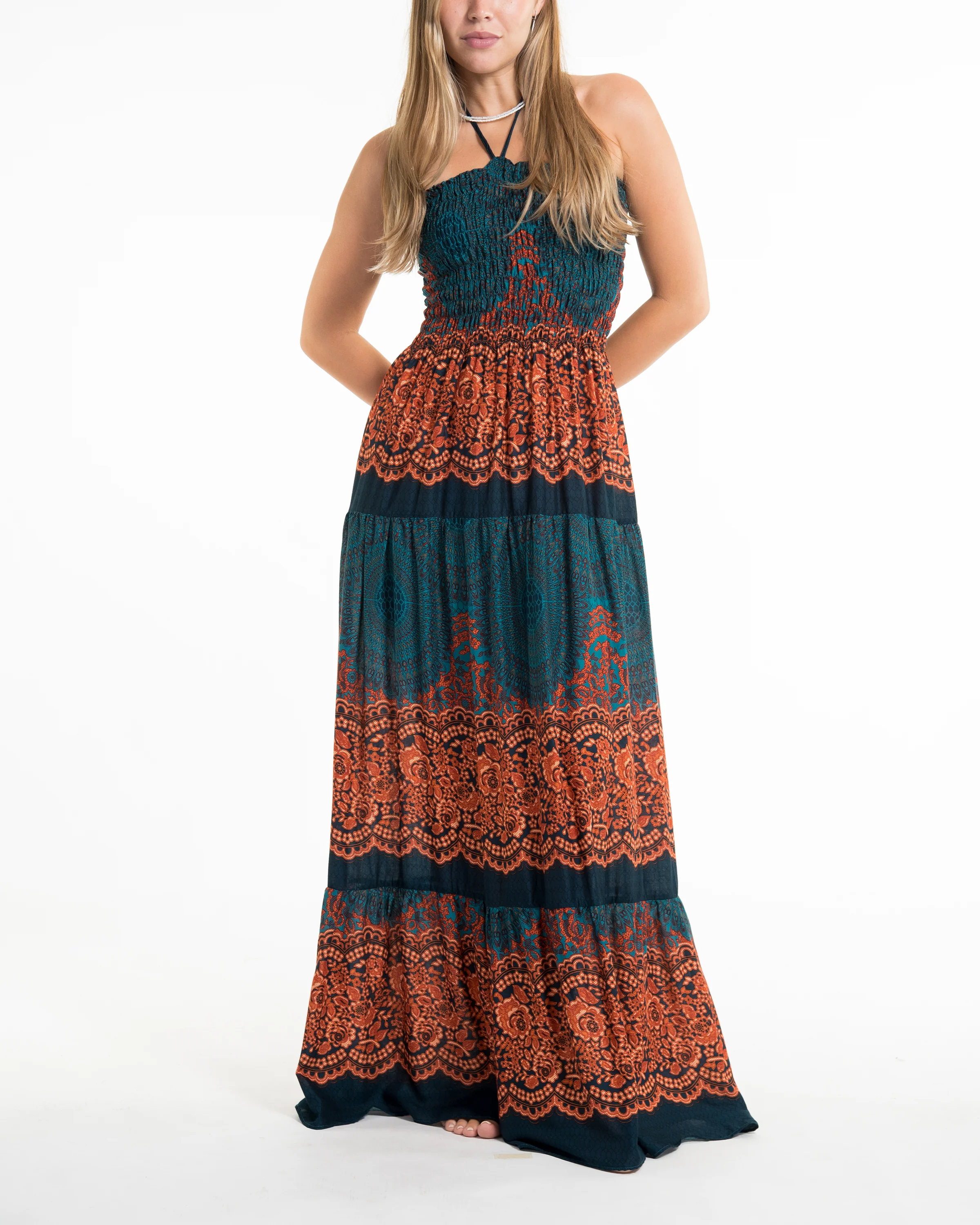 Geometric Mandalas Smocked Maxi Dress in Turquoise