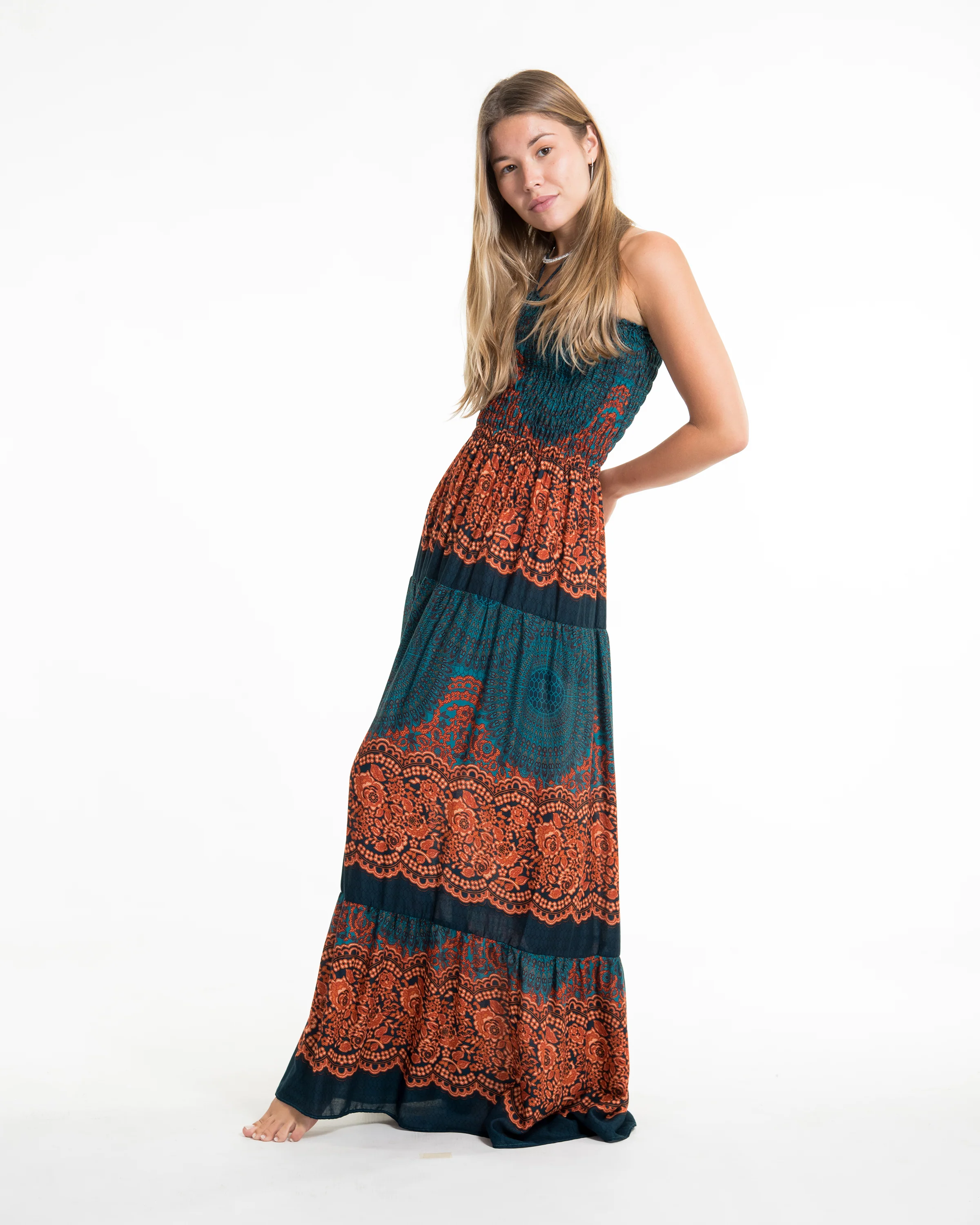 2250-Geometric-Mandalas-Smocked-Maxi-Dress-in-Turquoise-4.webp Geometric Mandalas Smocked Maxi Dress in Turquoise