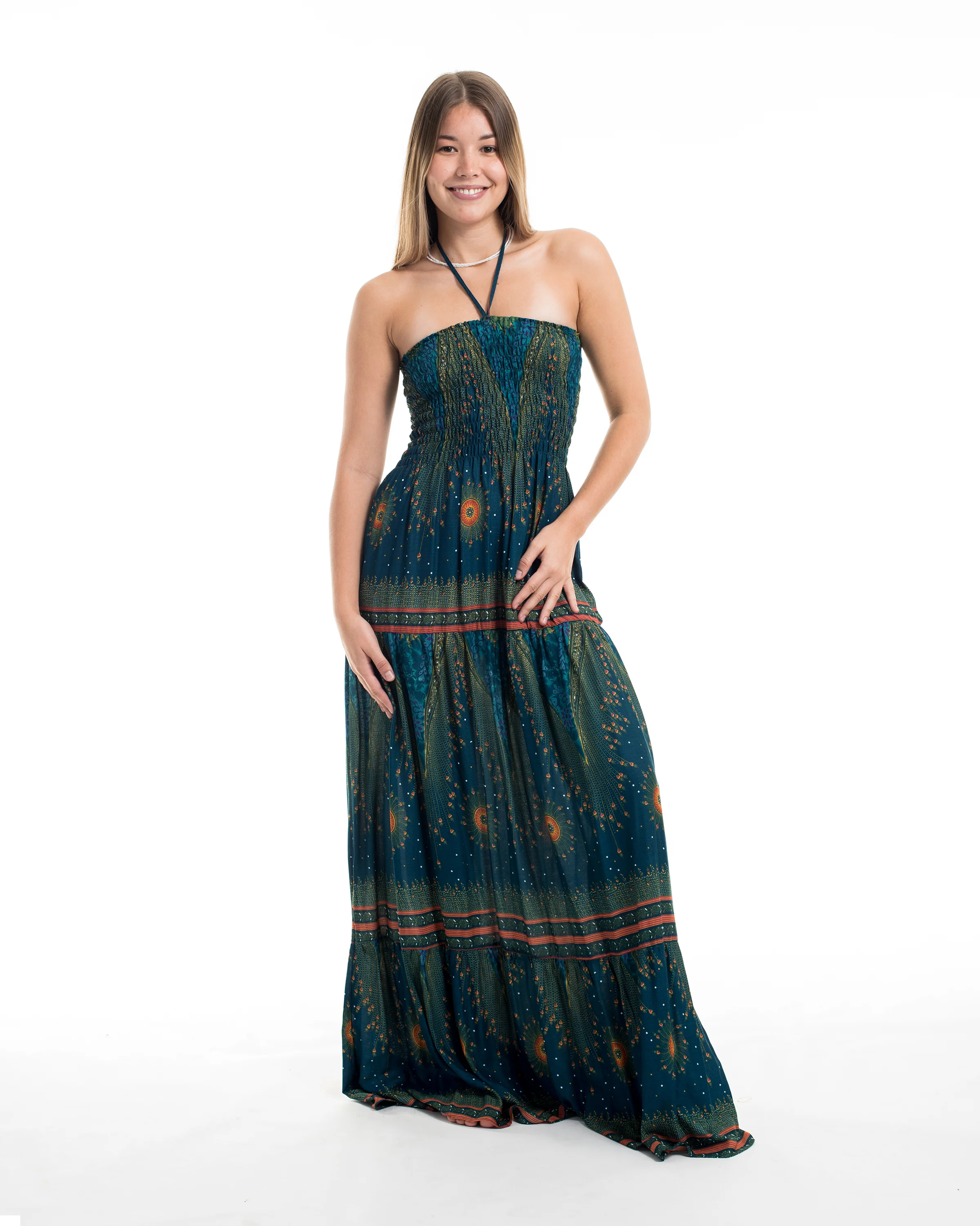 Peacock Eye Smocked Maxi Dress in Turquoise