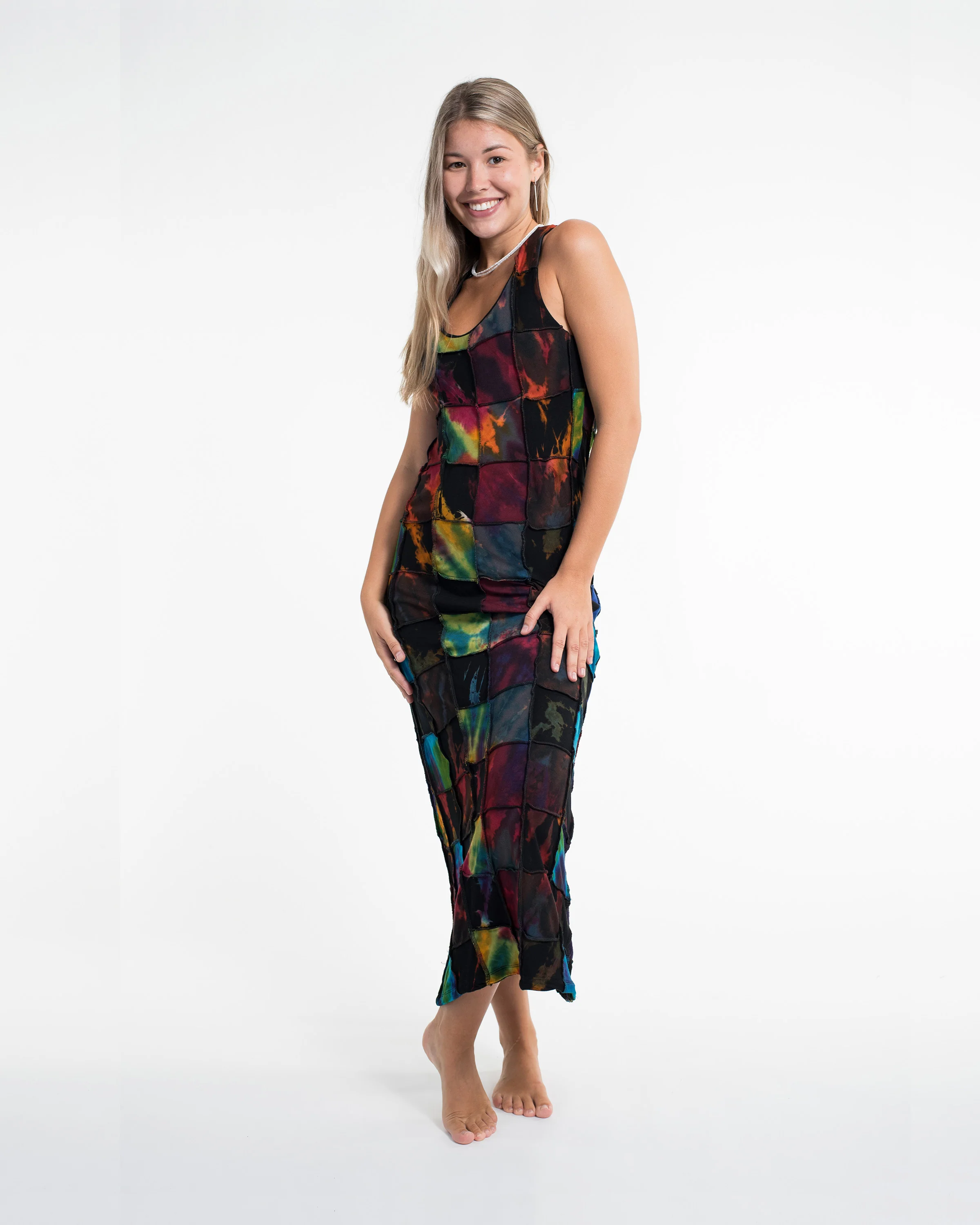 Braided Back Patchwork Tie-Dye Long Dress in Multi Black