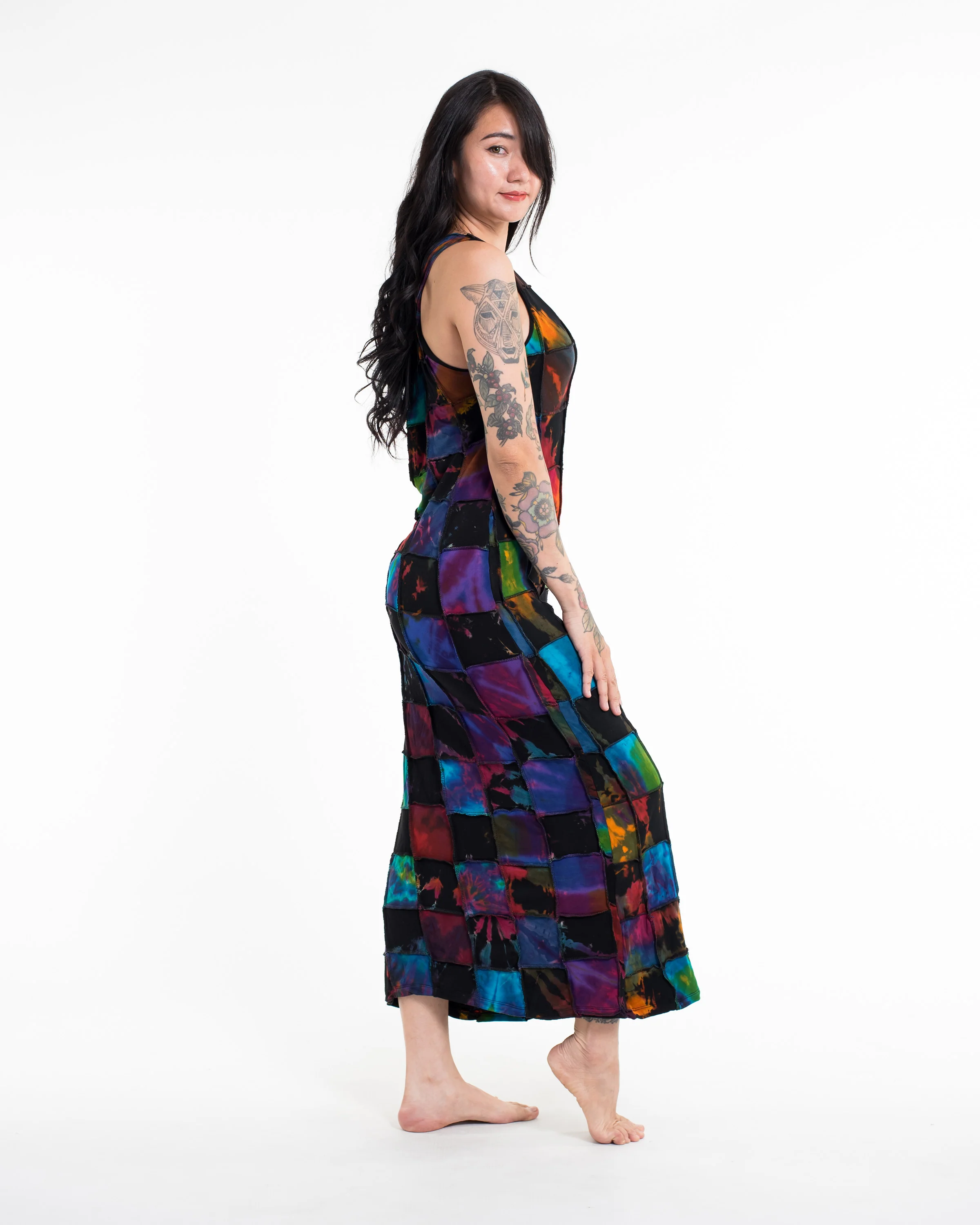 Braided Back Patchwork Tie-Dye Long Dress in Multi Black