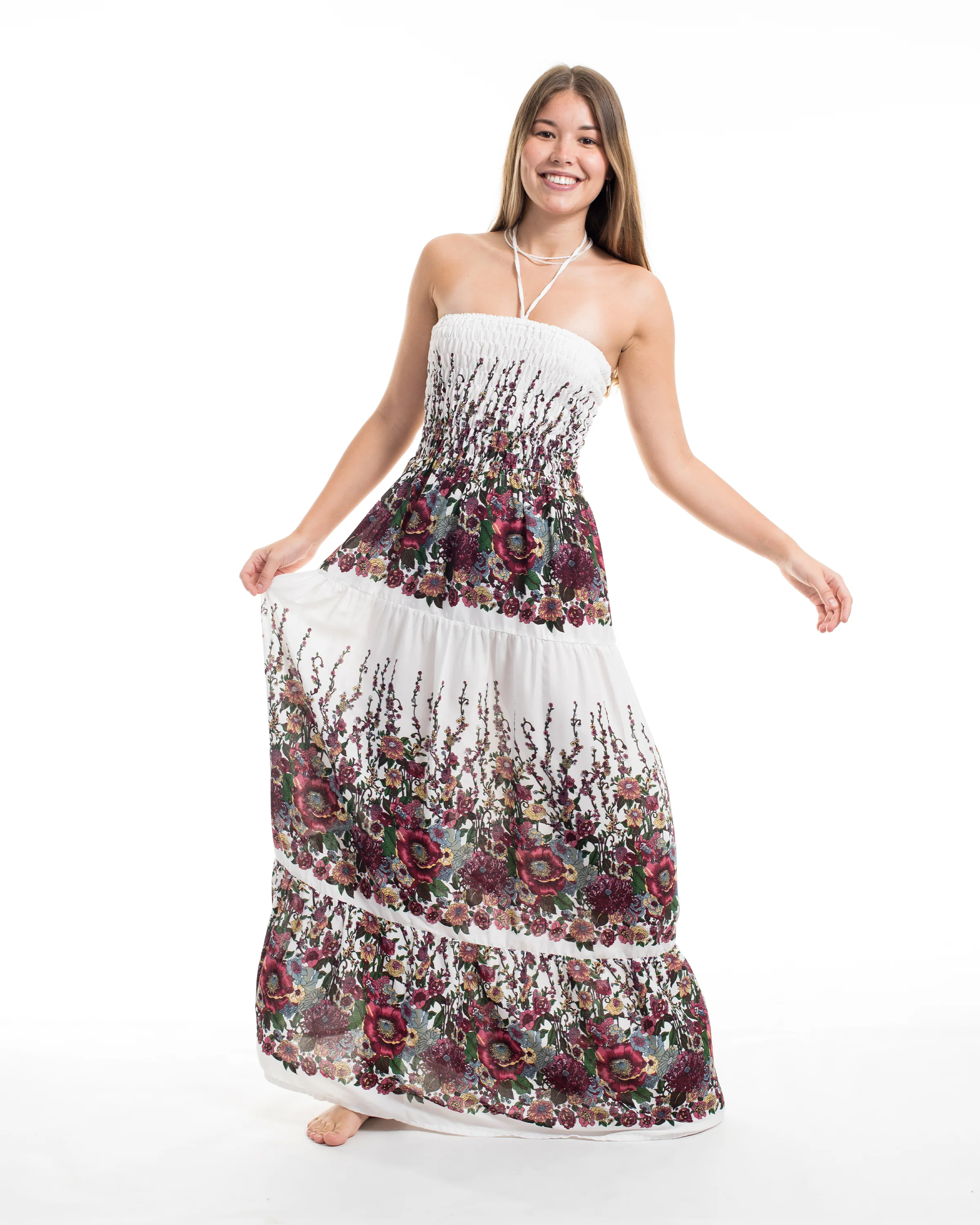 Floral Smocked Maxi Dress in White