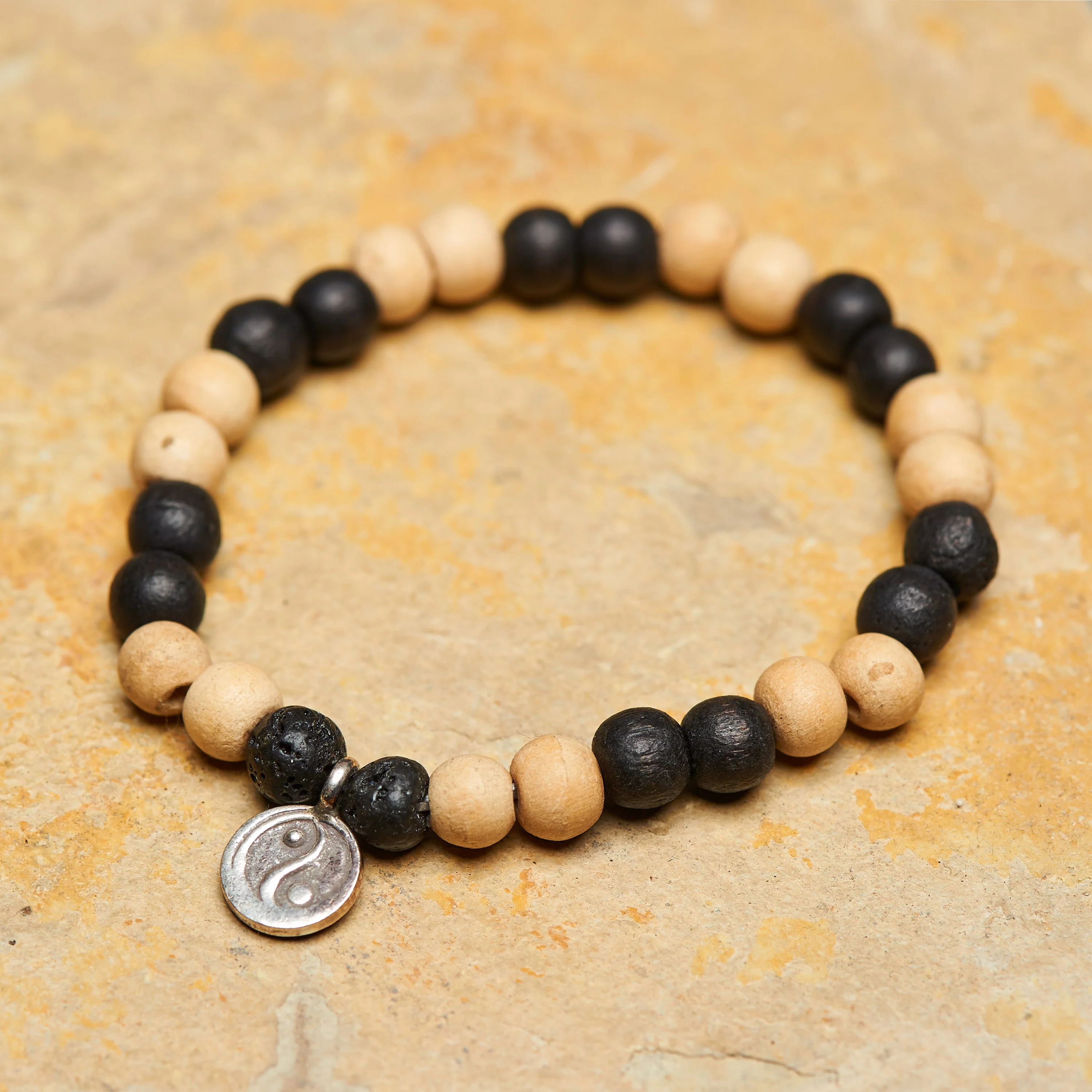 Yin Yang Silver Charm With Budhi Wooden Beads Bracelet From Nepal