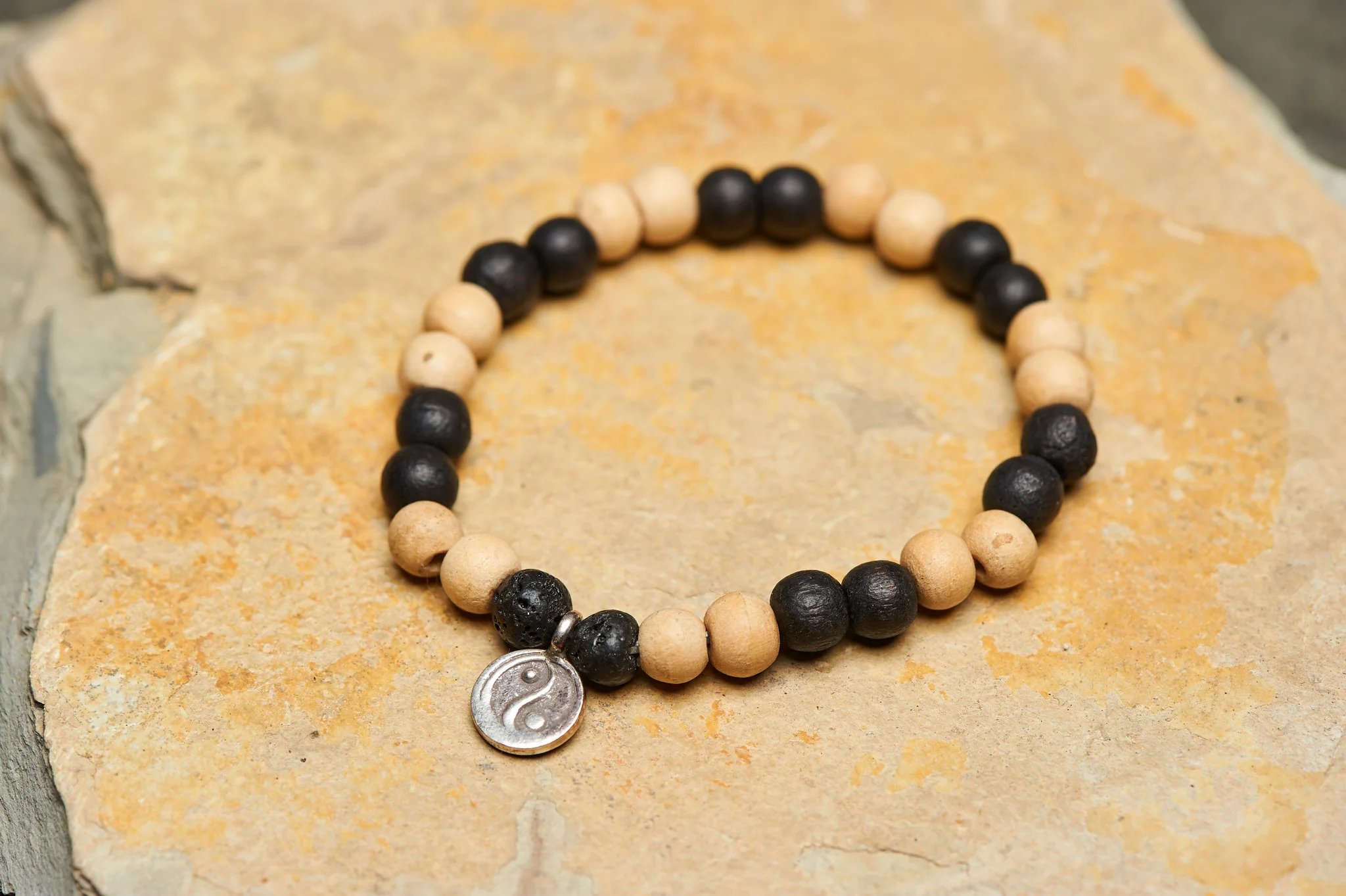 Yin Yang Silver Charm With Budhi Wooden Beads Bracelet From Nepal