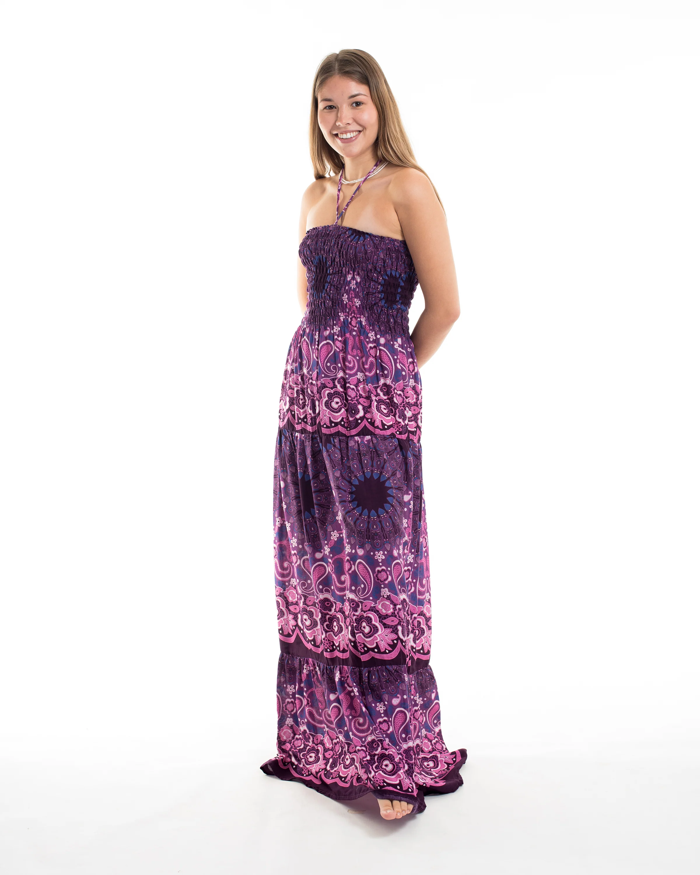 Paisley Mandalas Smocked Maxi Dress in Purple