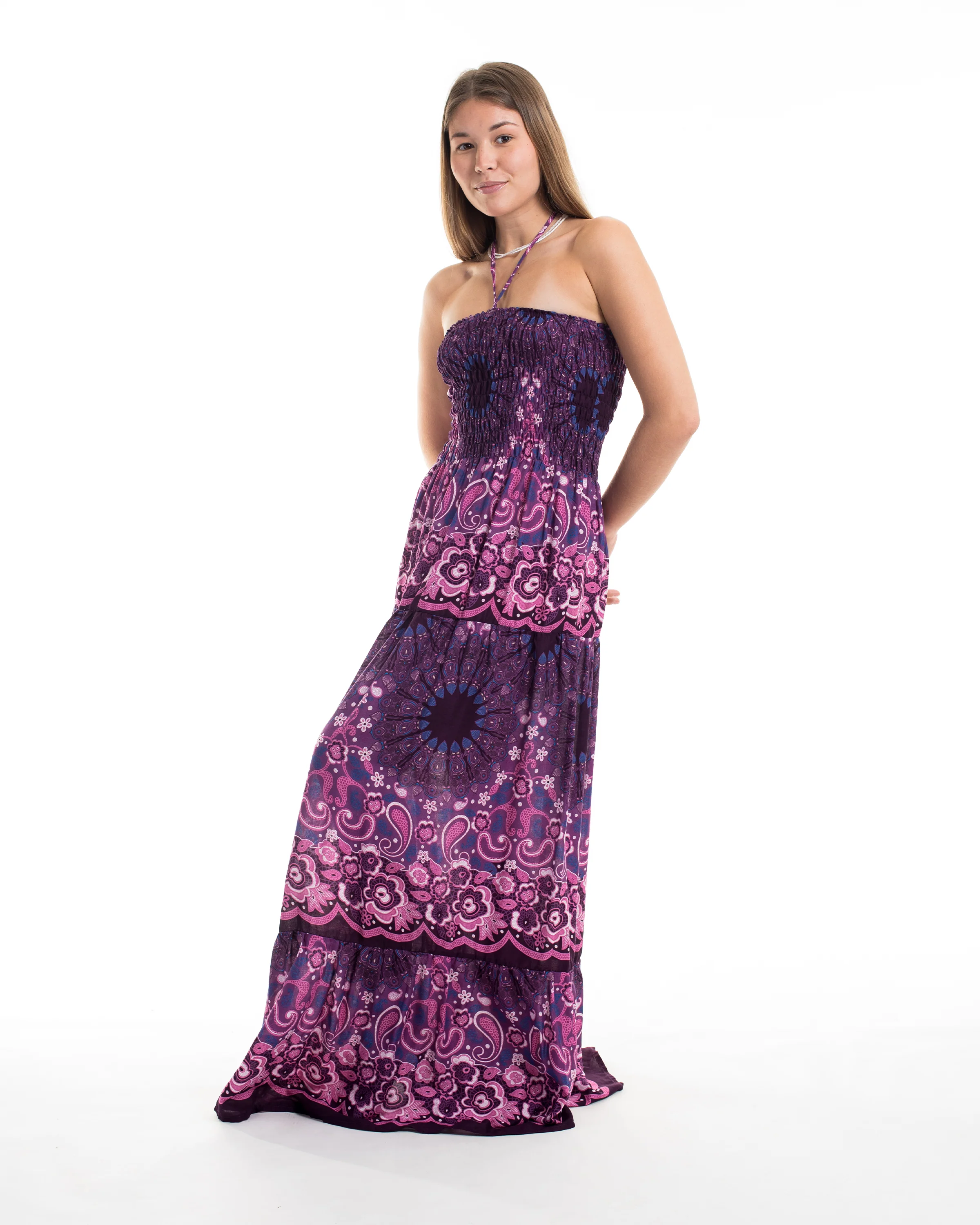 Paisley Mandalas Smocked Maxi Dress in Purple