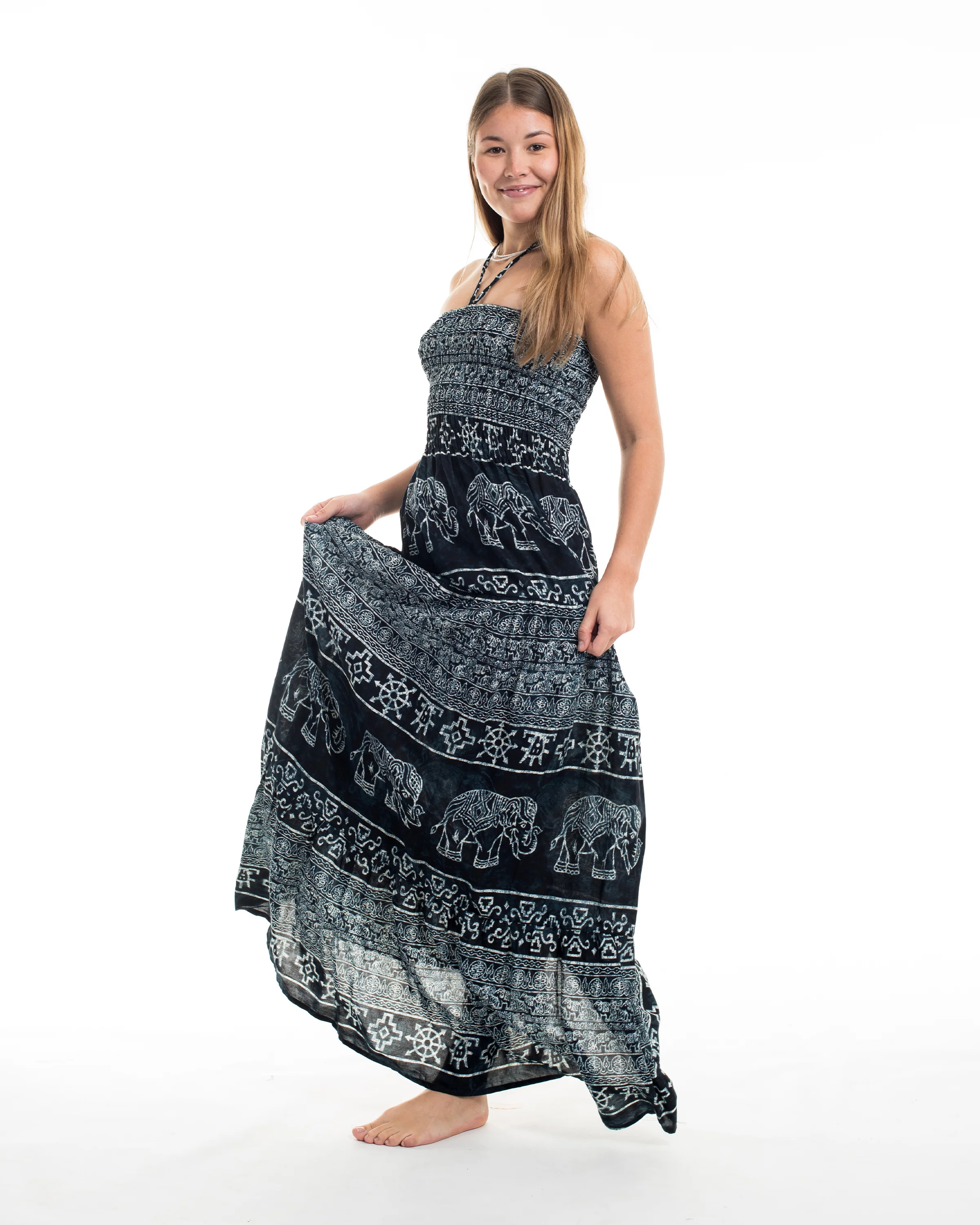 Marble Elephant Smocked Maxi Dress in Black
