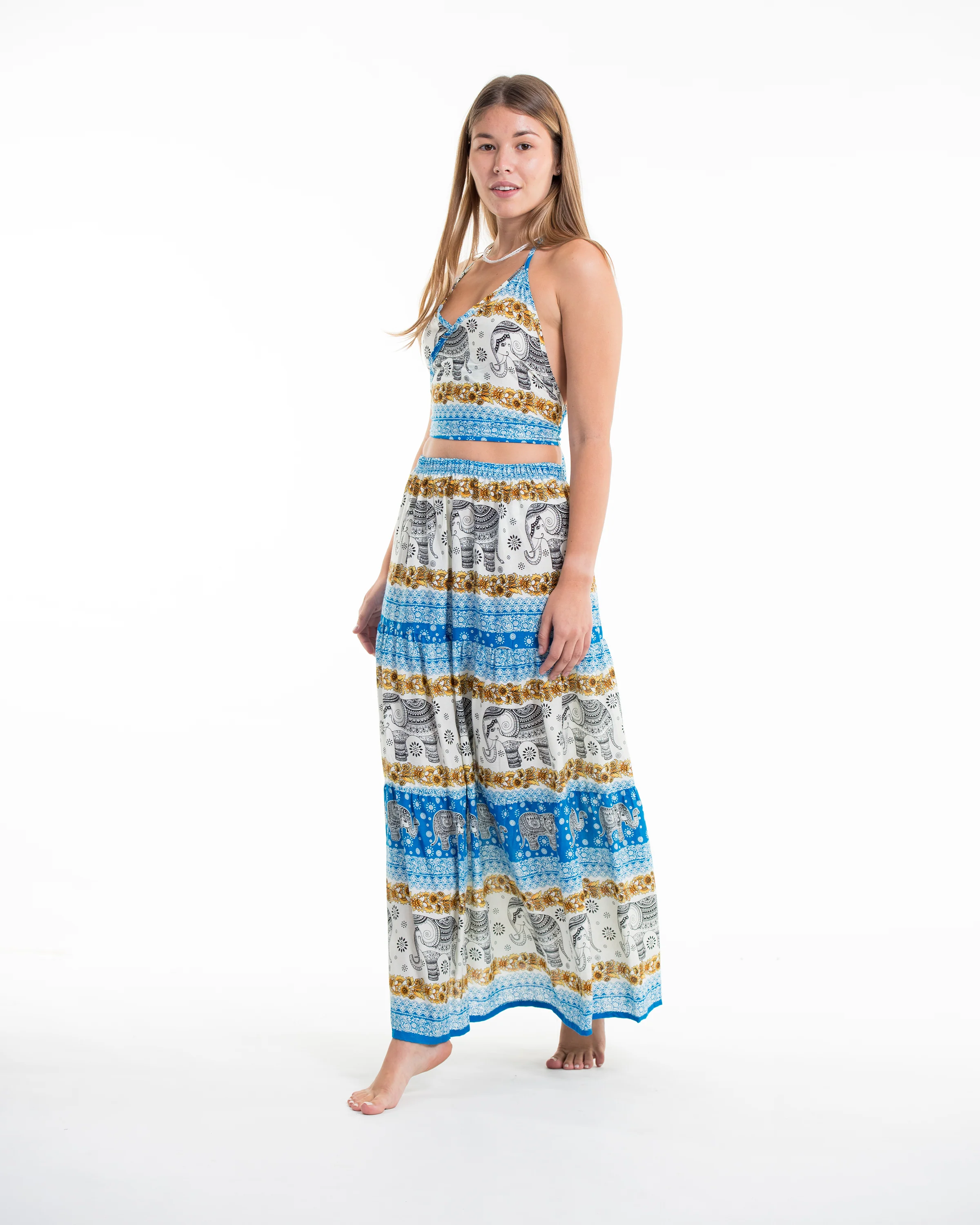 Elephant Dreams Crop Top and Long Skirt in Blue