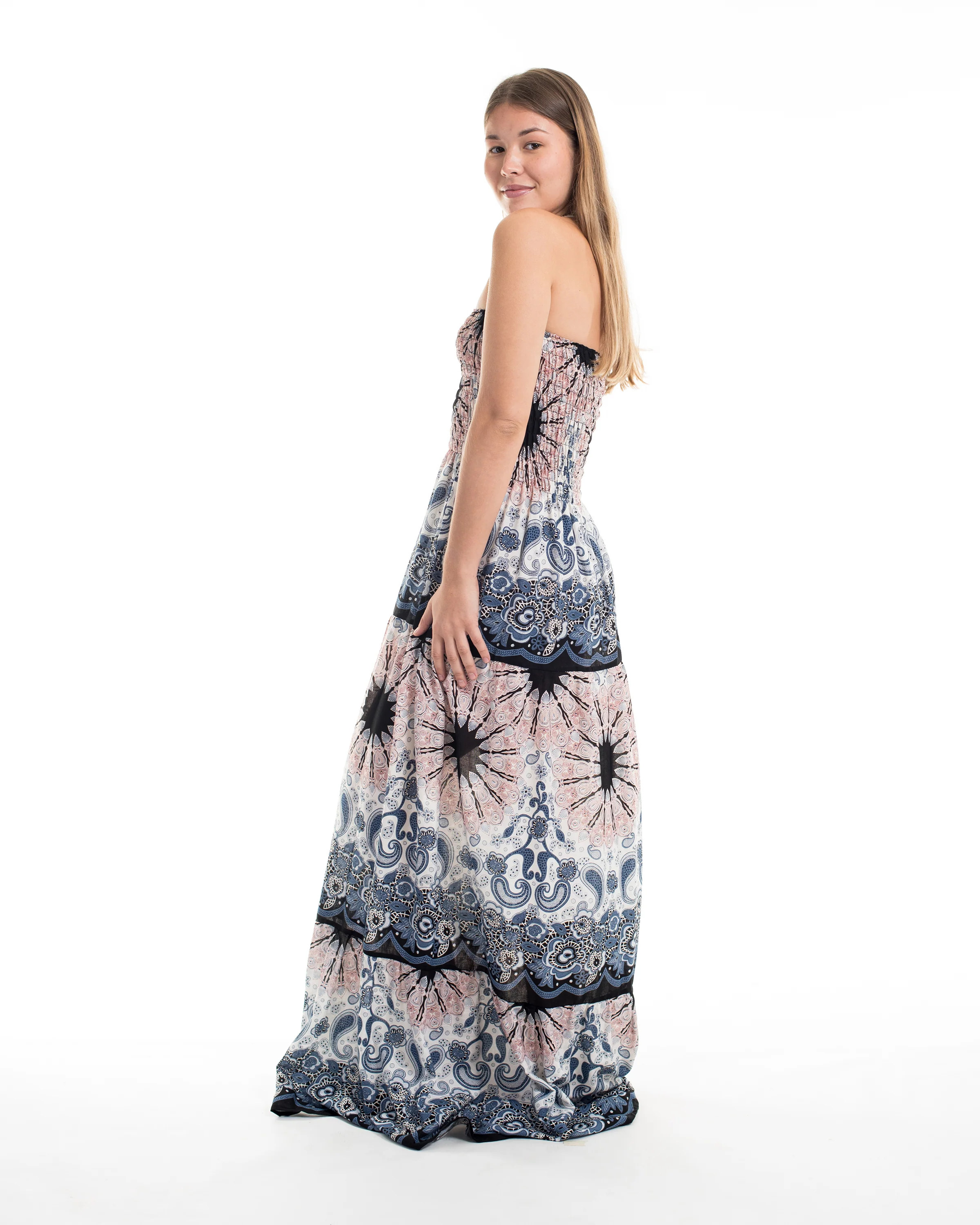 Paisley Mandalas Smocked Maxi Dress in Silver Gray