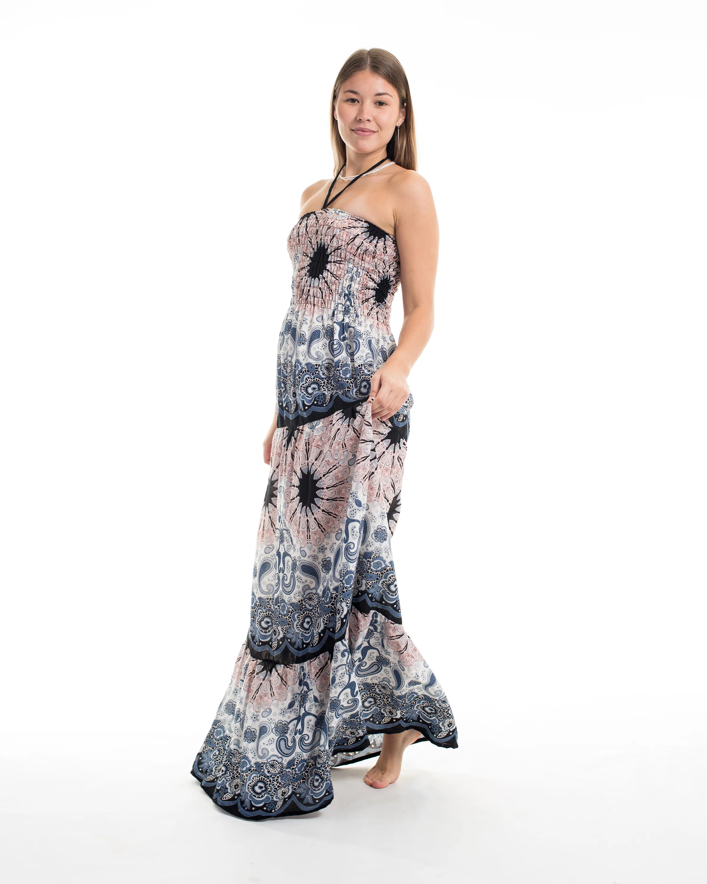 2271-Paisley-Mandalas-Smocked-Maxi-Dress-in-Silver-Gray-3.webp Paisley Mandalas Smocked Maxi Dress in Silver Gray