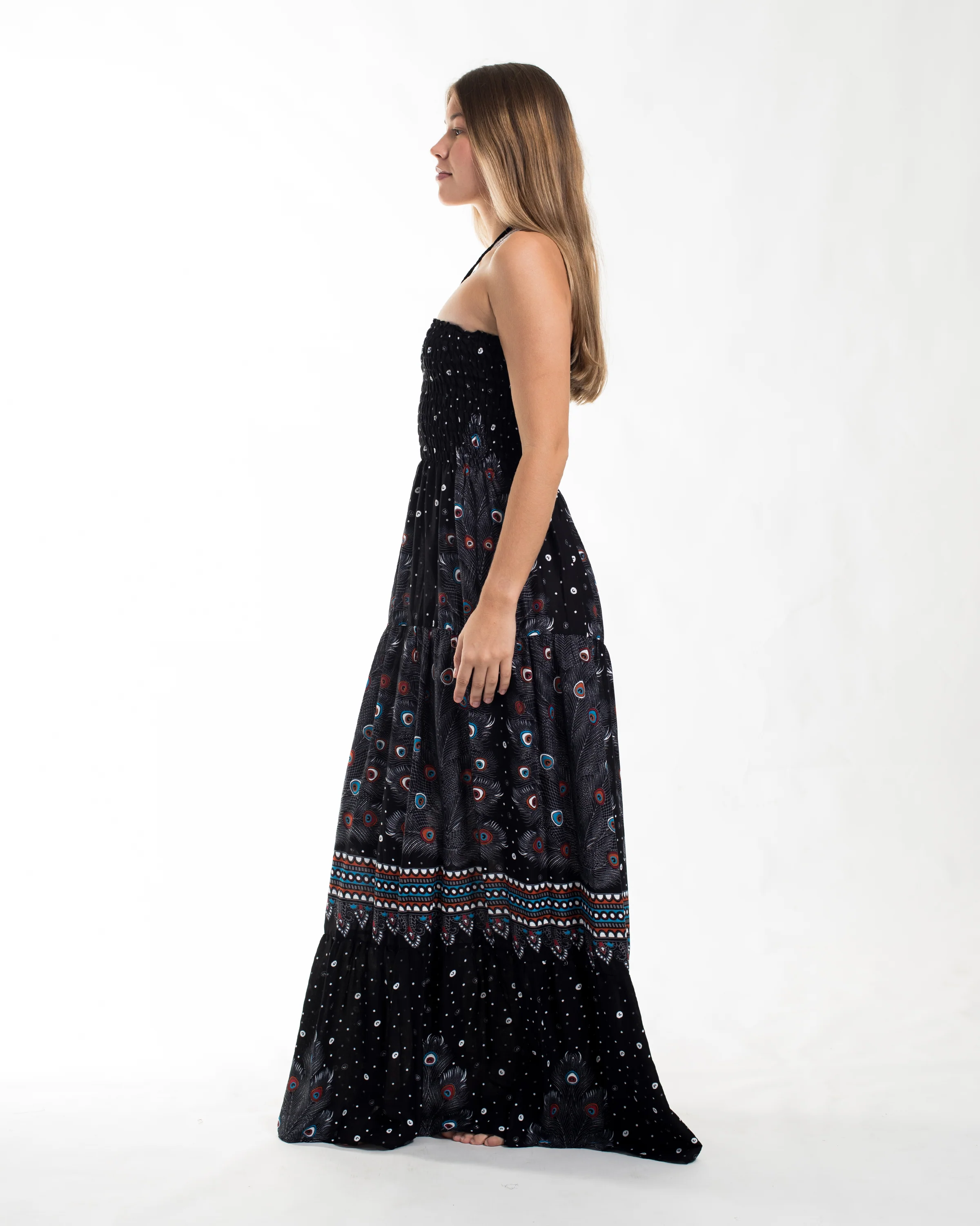 Peacock Smocked Maxi Dress in Black