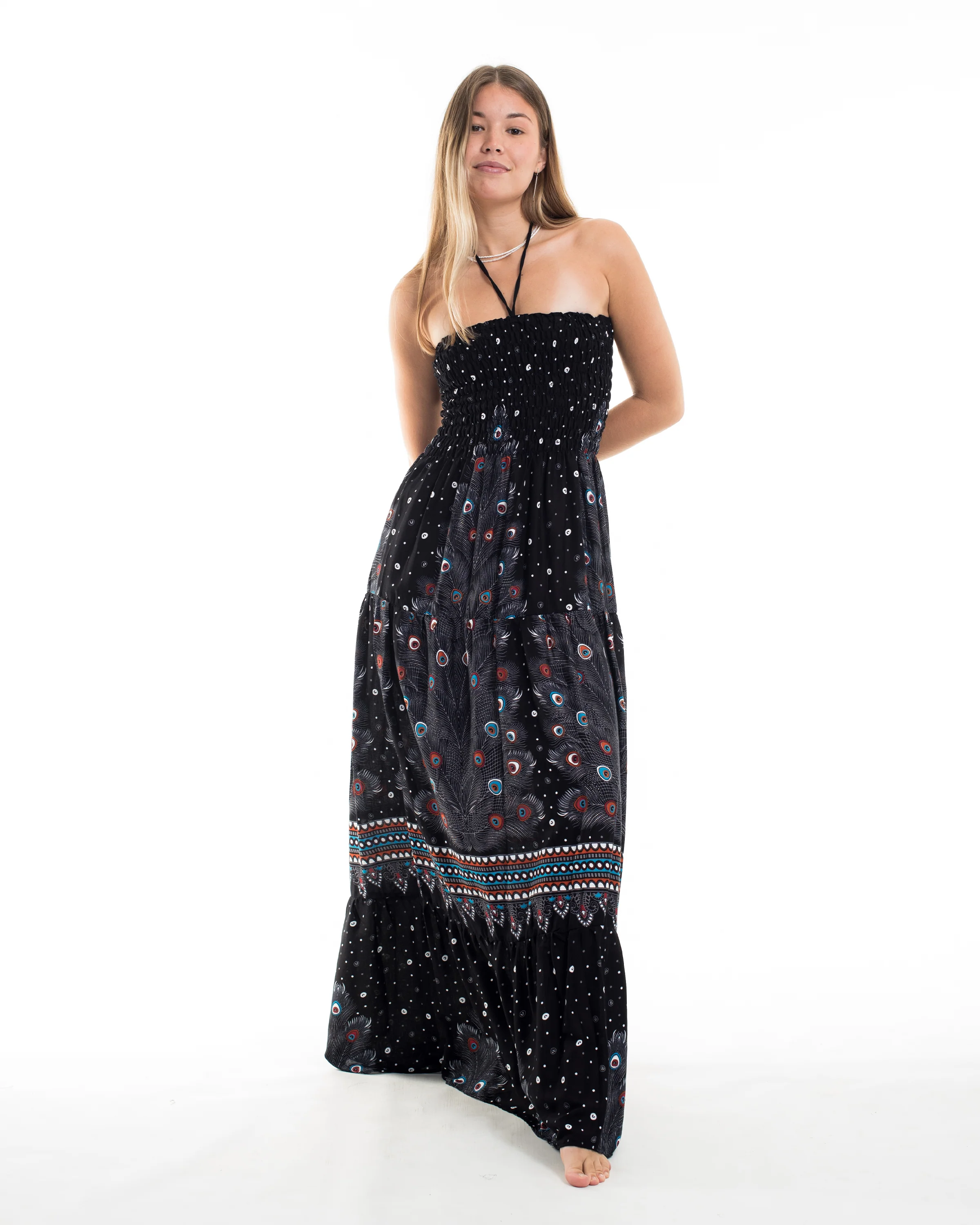 Peacock Smocked Maxi Dress in Black