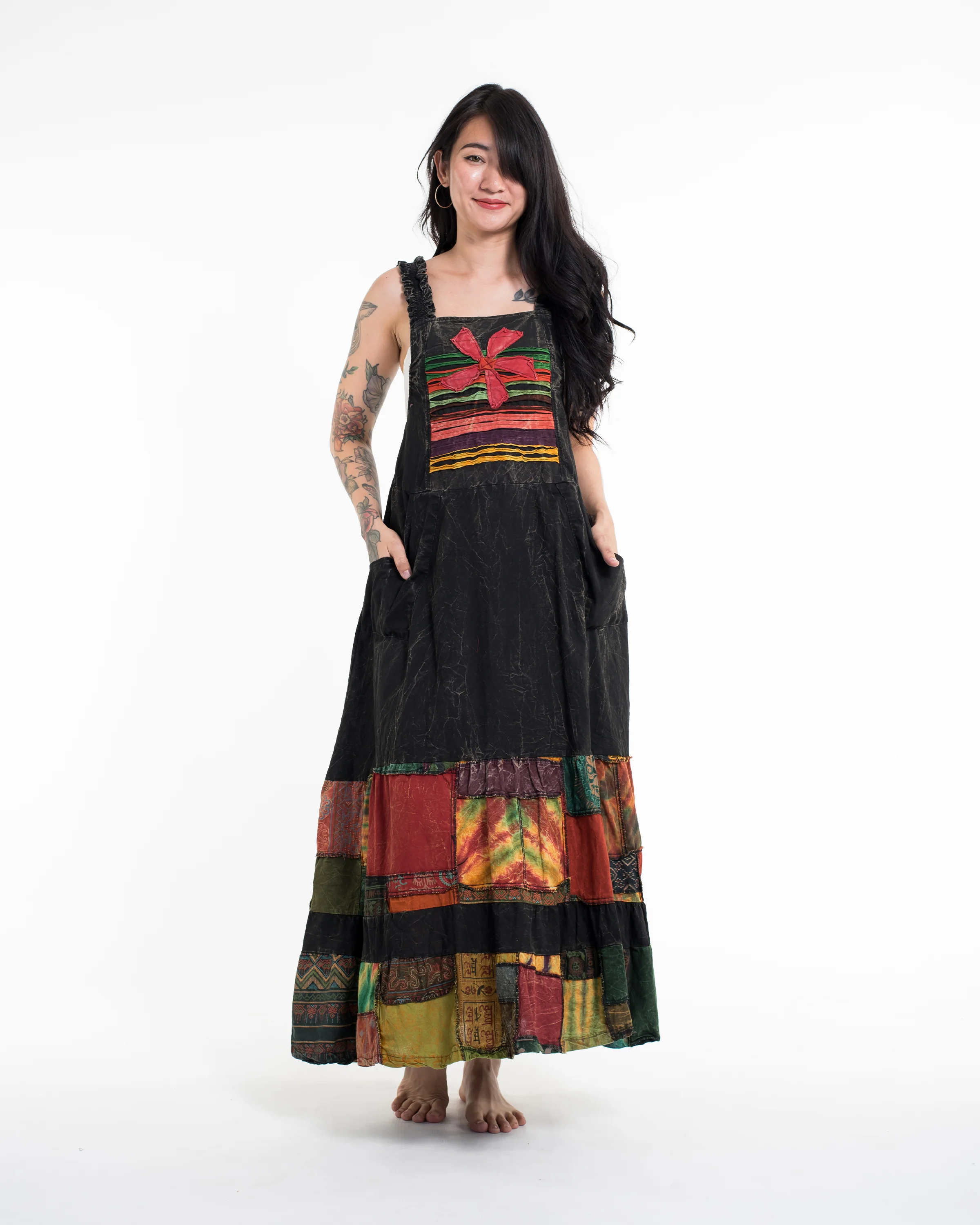 Patchwork Stonewash Overall Dress in Multi Black