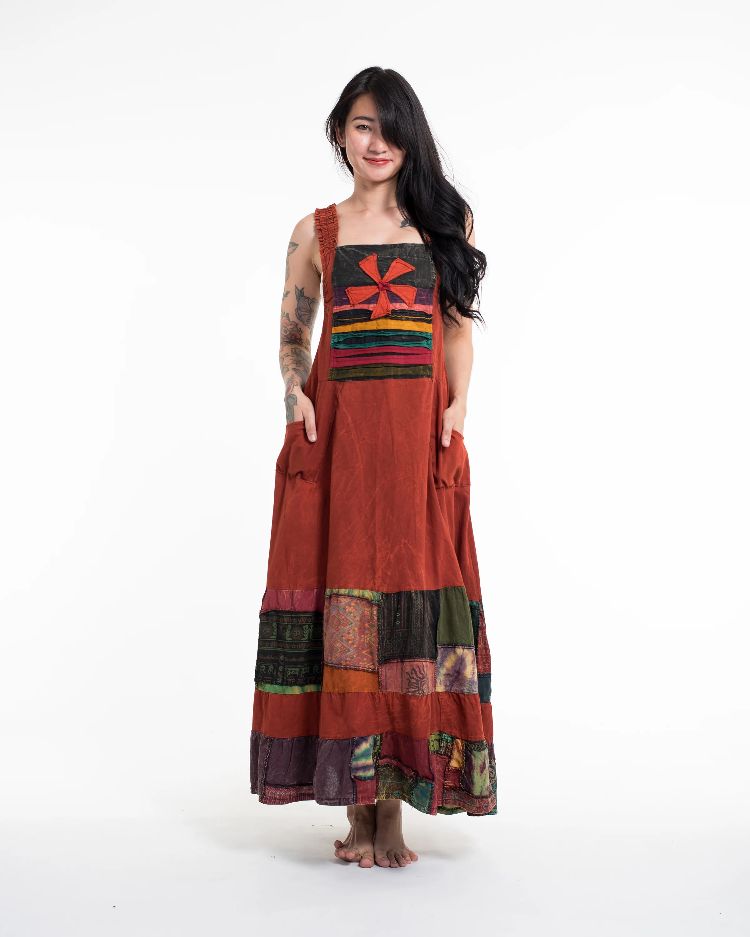 Patchwork Stonewash Overall Dress in Multi Orange