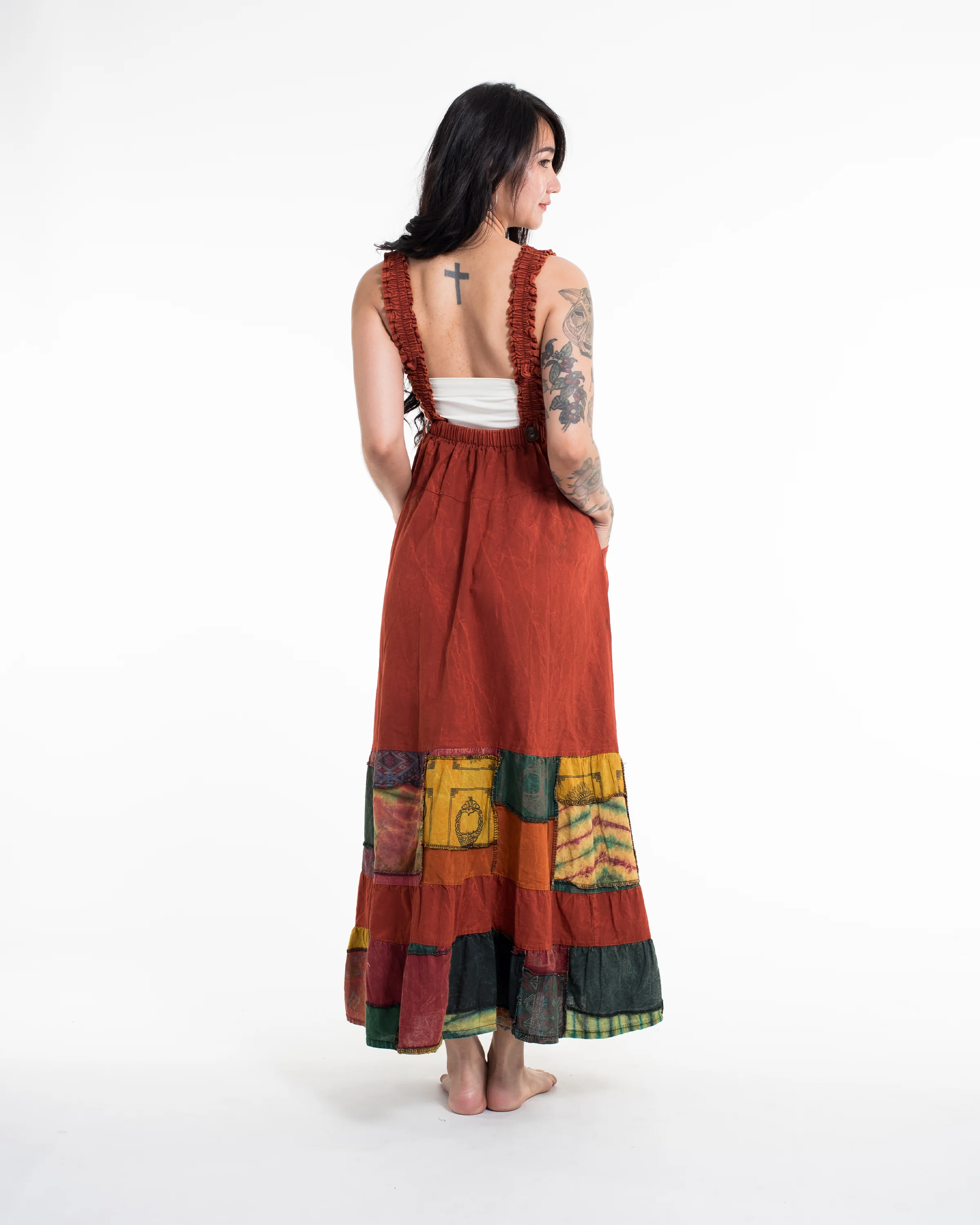2277-Patchwork-Stonewash-Overall-Dress-in-Multi-Orange-3.webp Patchwork Stonewash Overall Dress in Multi Orange