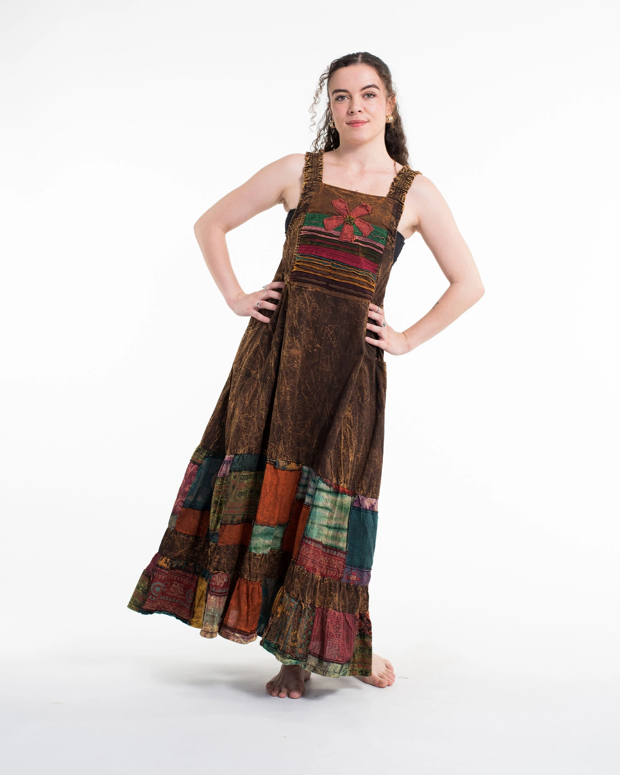 Patchwork Stonewash Overall Dress in Multi Brown