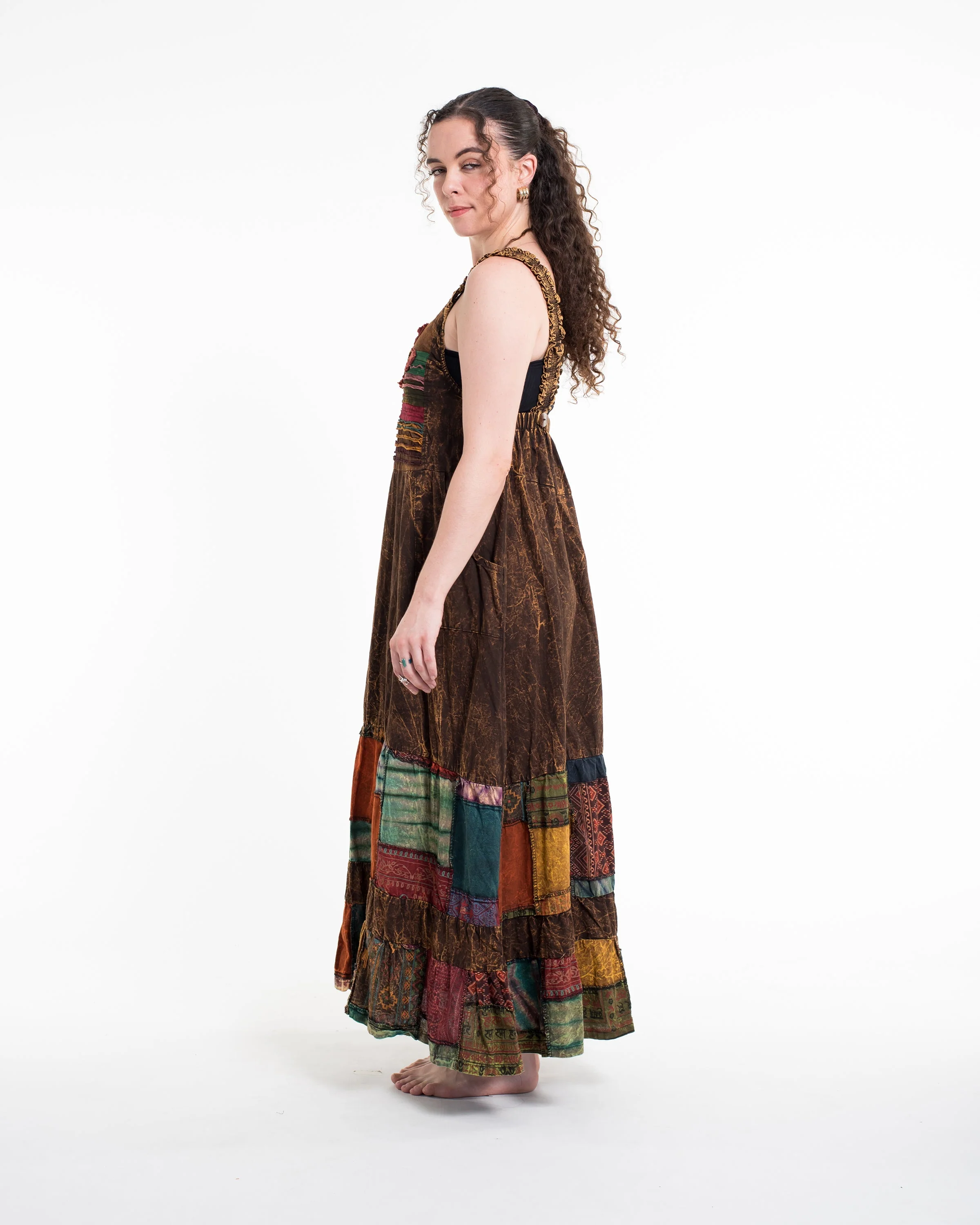 Patchwork Stonewash Overall Dress in Multi Brown