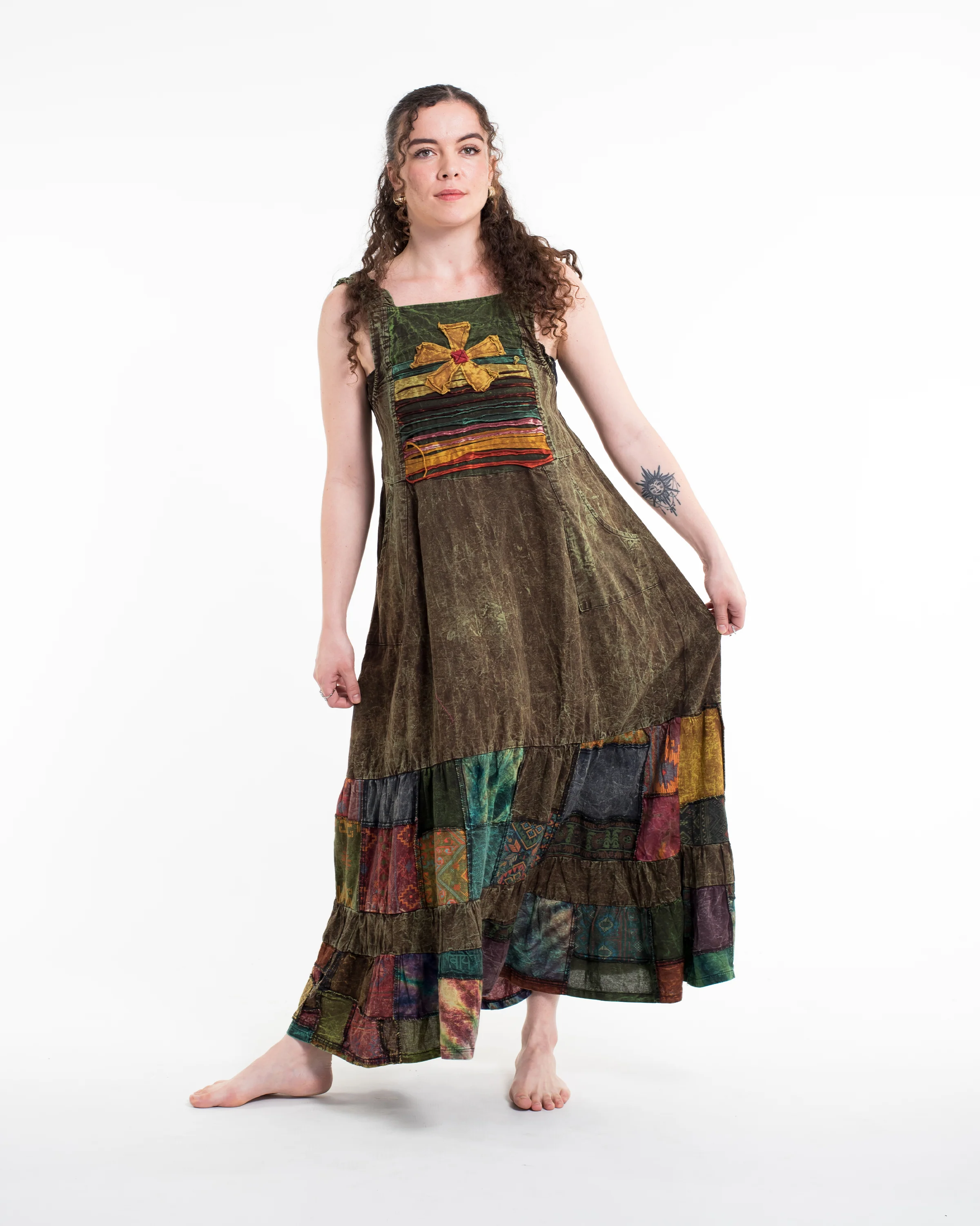 Patchwork Stonewash Overall Dress in Multi Olive