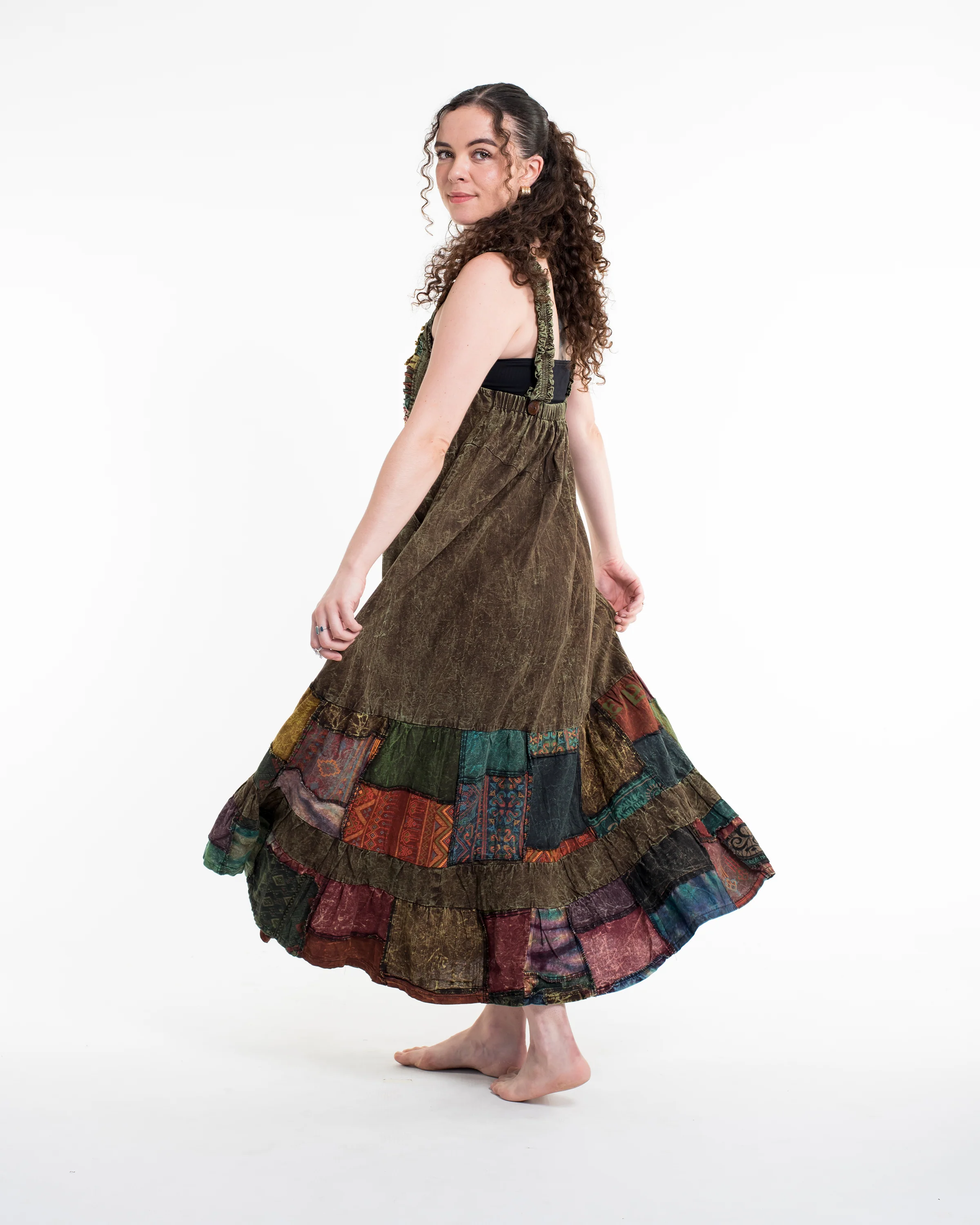 Patchwork Stonewash Overall Dress in Multi Olive
