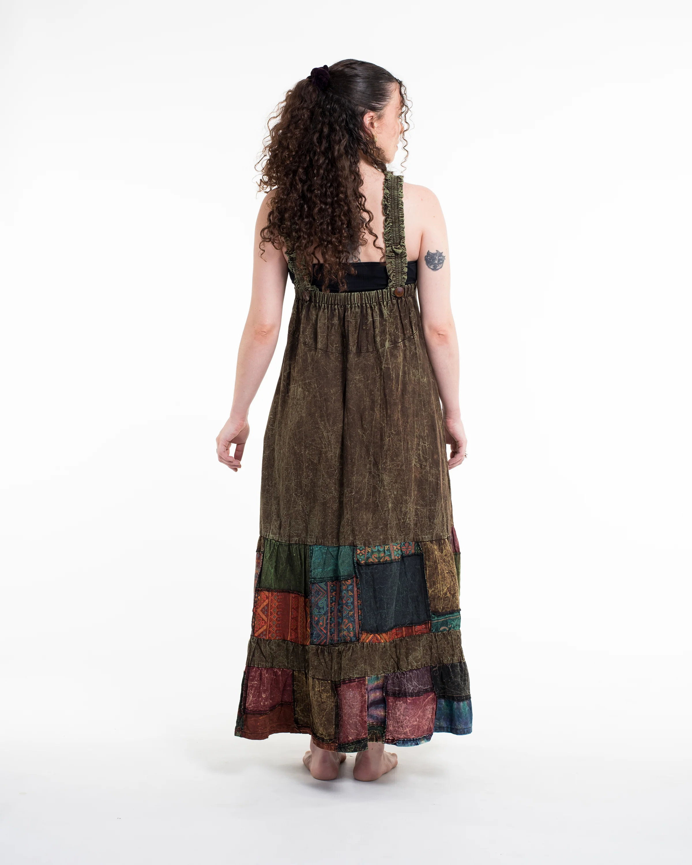 2281-Patchwork-Stonewash-Overall-Dress-in-Multi-Olive-3.webp Patchwork Stonewash Overall Dress in Multi Olive