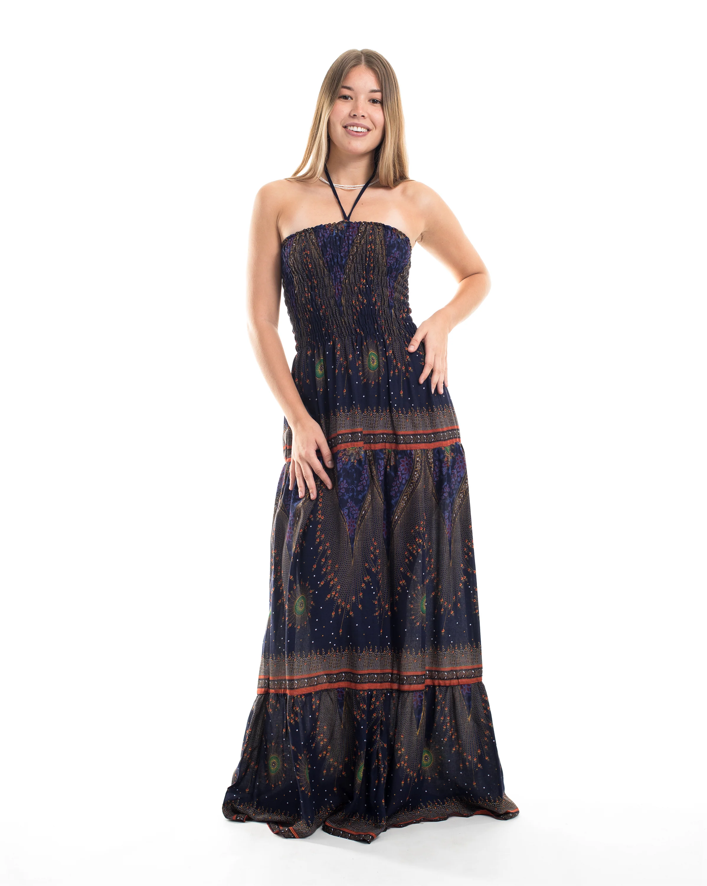 Peacock Eye Smocked Maxi Dress in Navy