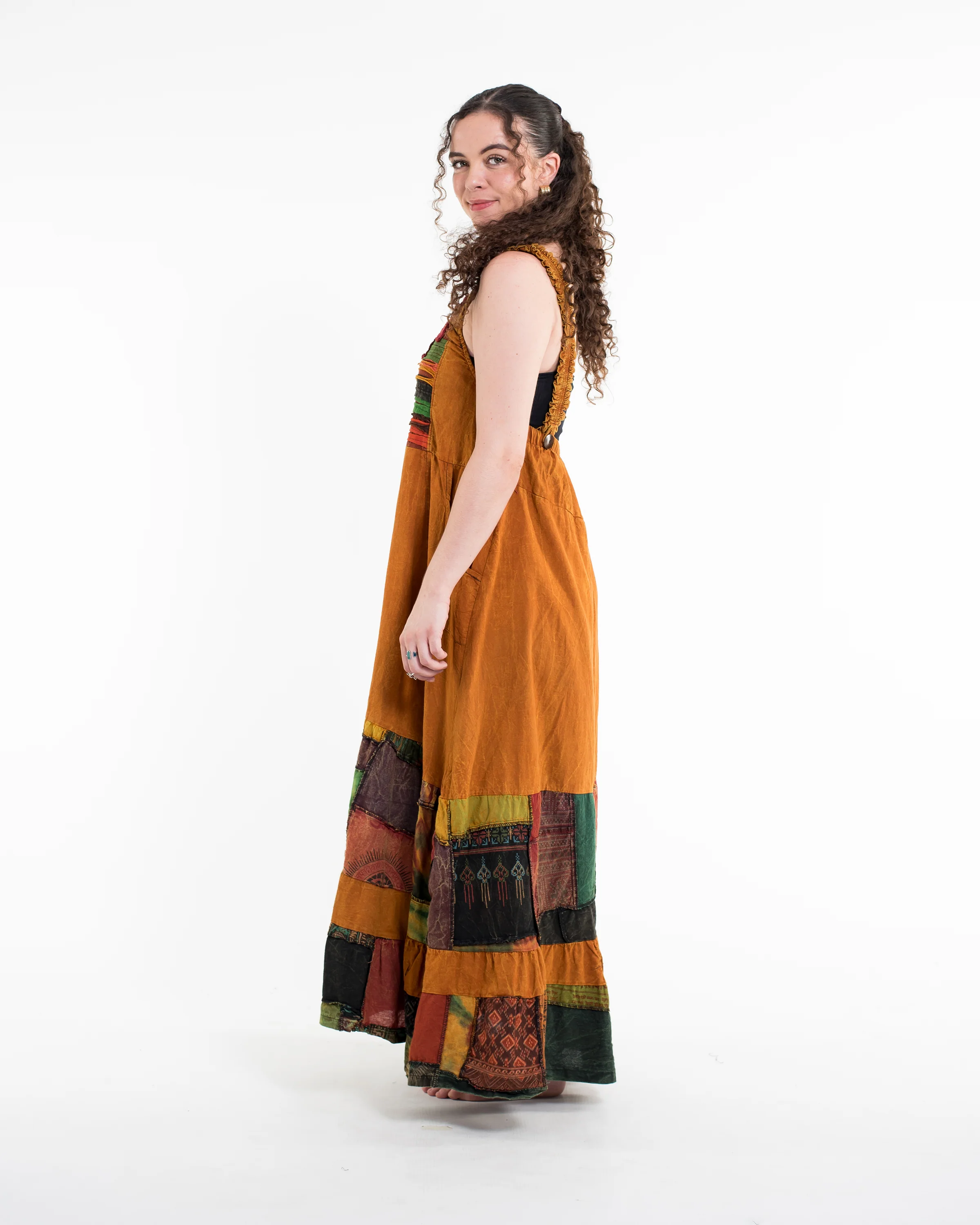 Patchwork Stonewash Overall Dress in Multi Yellow