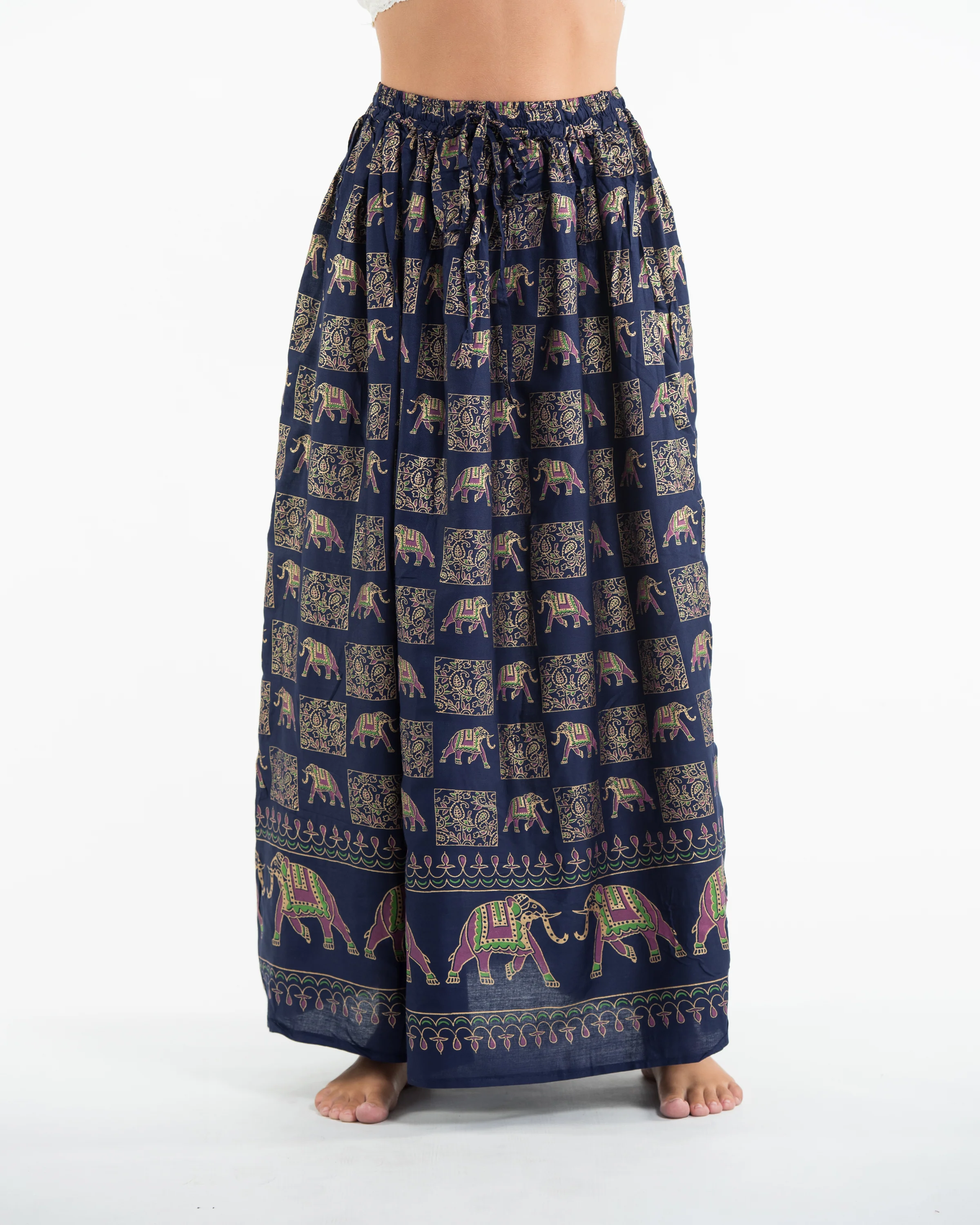 Elephant Print Midi Skirt in Navy