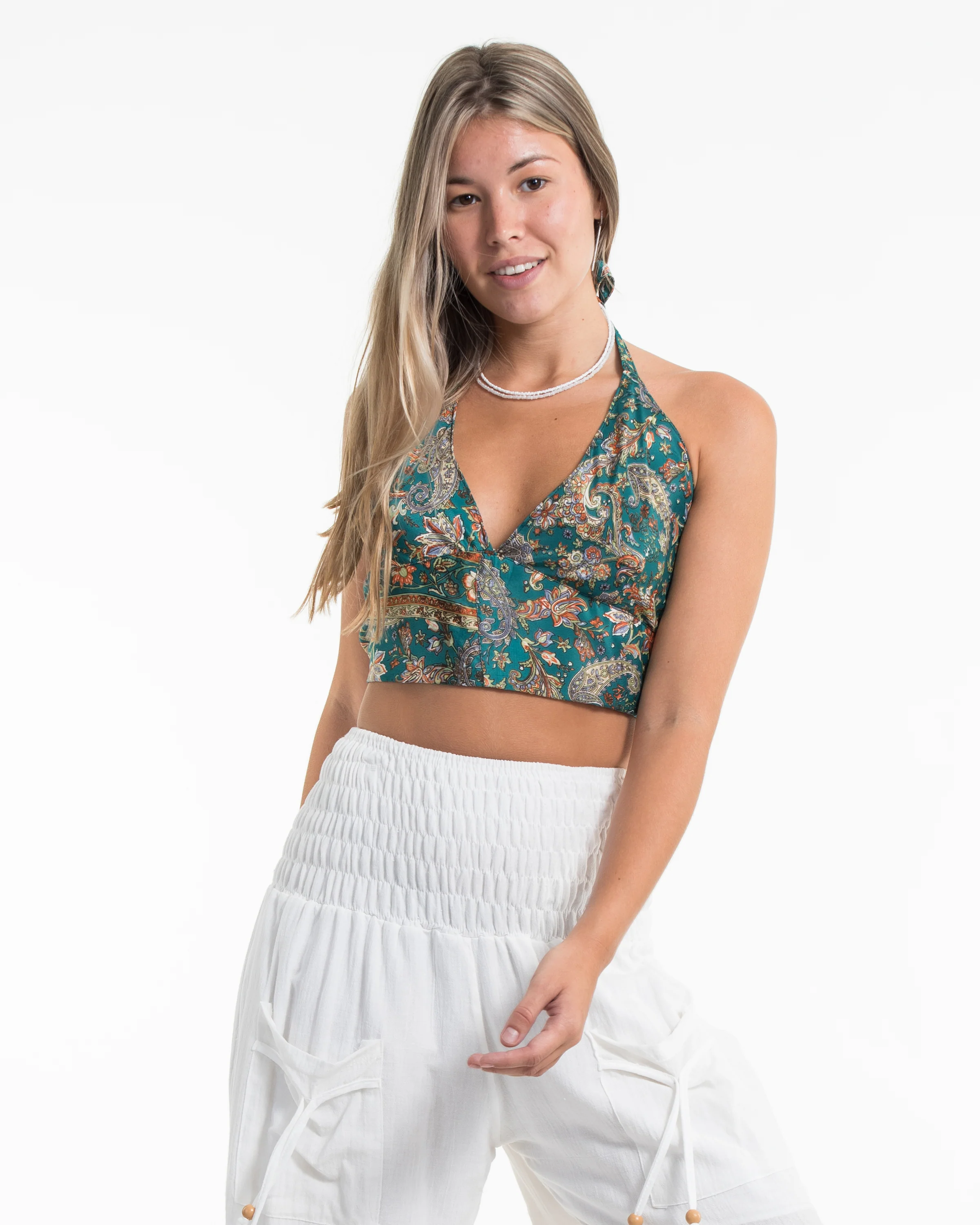 Paisley Halter Crop Top in Jade Forest