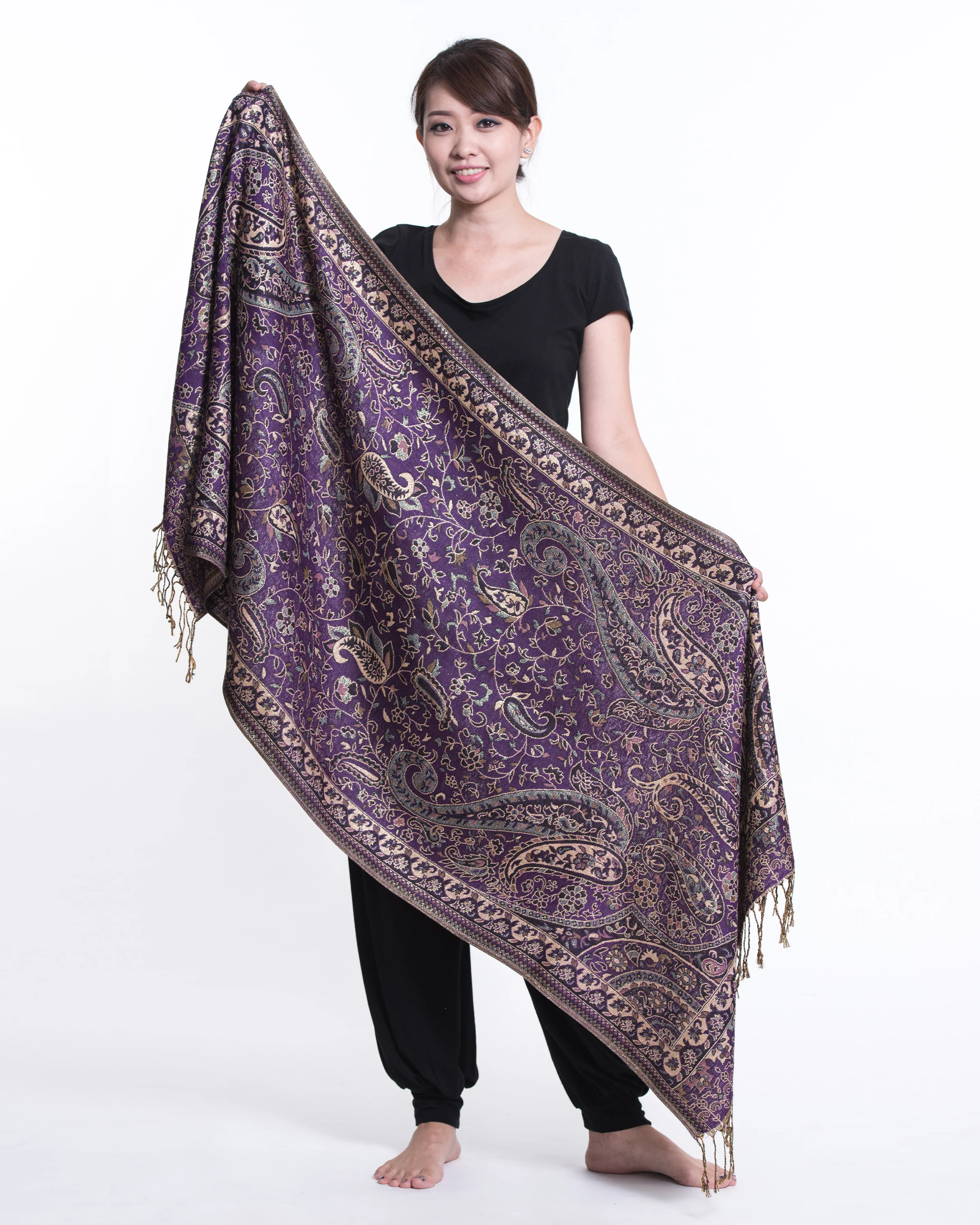 Nepal Traditional Paisley Pashmina Shawl Scarf in Purple