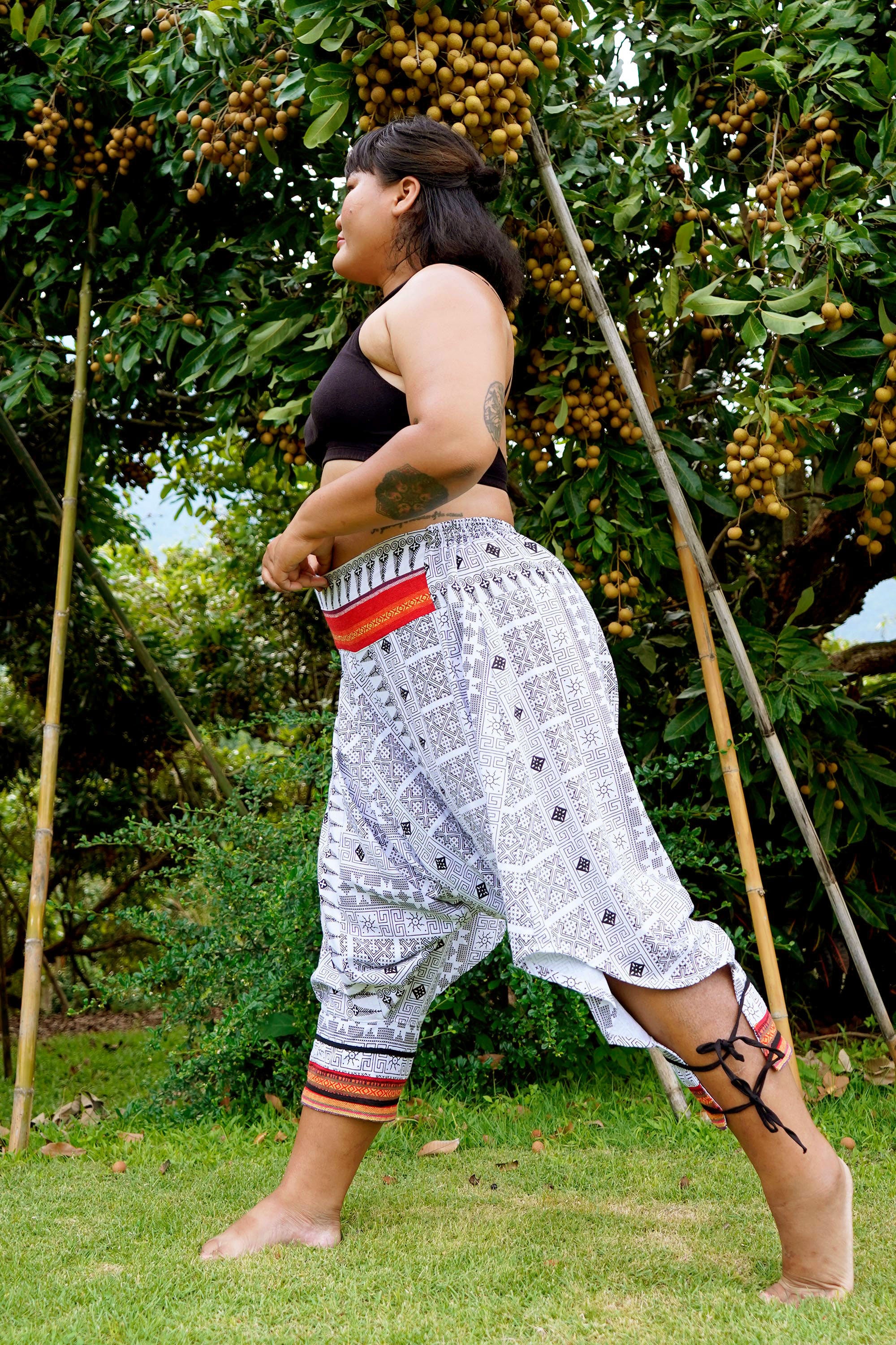 2301-Plus-Size-Traditional-Prints-Thai-Hill-Tribe-Fabric-Women-s-Harem-Pants-with-Ankle-Straps-in-White-3.jpg Plus Size Traditional Prints Thai Hill Tribe Fabric Women's Harem Pants with Ankle Straps in White