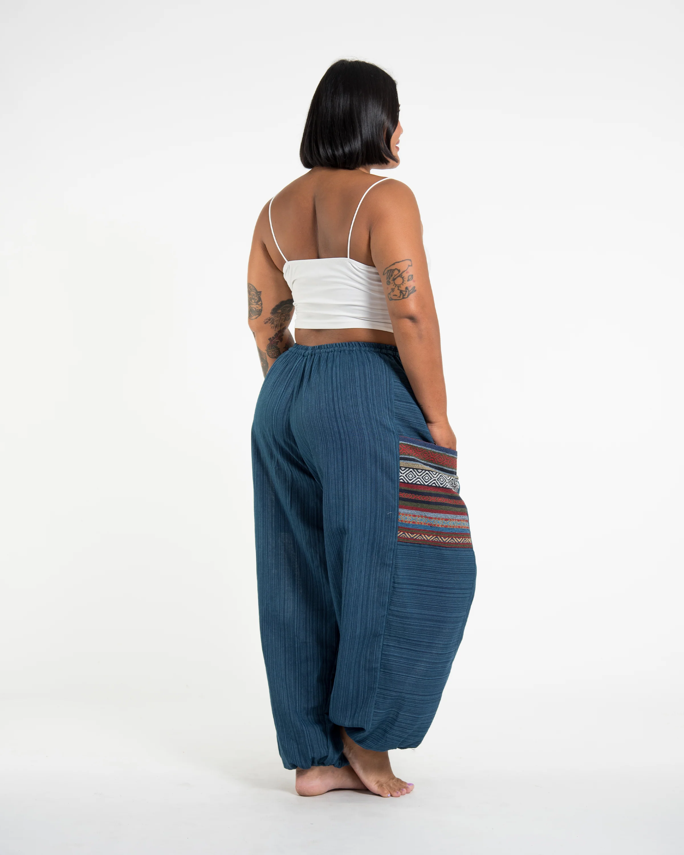 2305-Plus-Size-Women-s-Drawstring-Pinstripes-Cotton-Pants-with-Aztec-Pocket-in-Turquoise-3.webp Plus Size Women's Drawstring Pinstripes Cotton Pants with Aztec Pocket in Turquoise