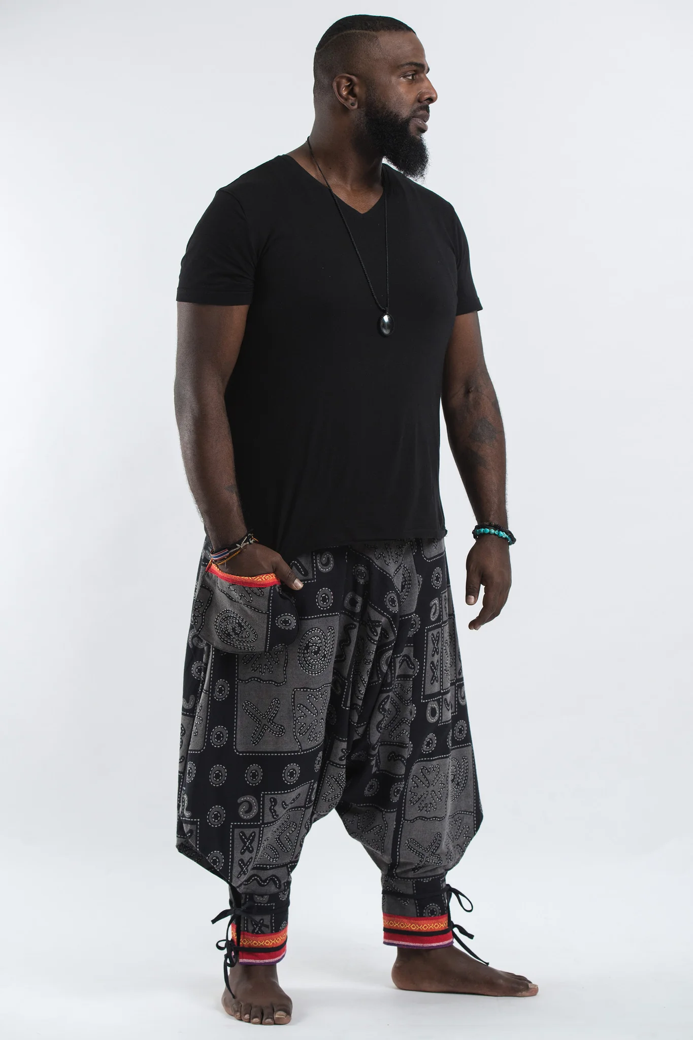 2307-Plus-Size-Black-and-Gray-Thai-Hill-Tribe-Fabric-Men-Harem-Pants-with-Ankle-Straps-3.webp Plus Size Black and Gray Thai Hill Tribe Fabric Men Harem Pants with Ankle Straps