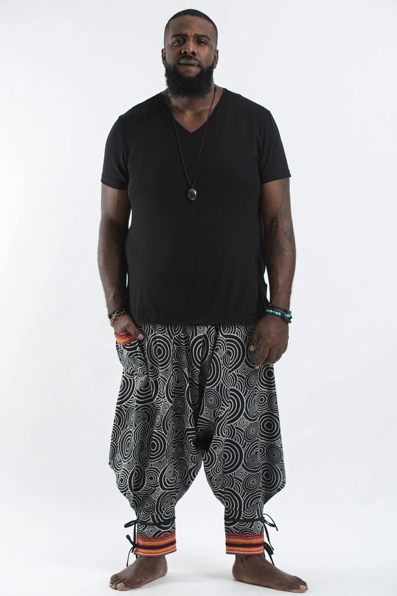 Plus Size Swirls Prints Thai Hill Tribe Fabric Men Harem Pants with Ankle Straps in Black