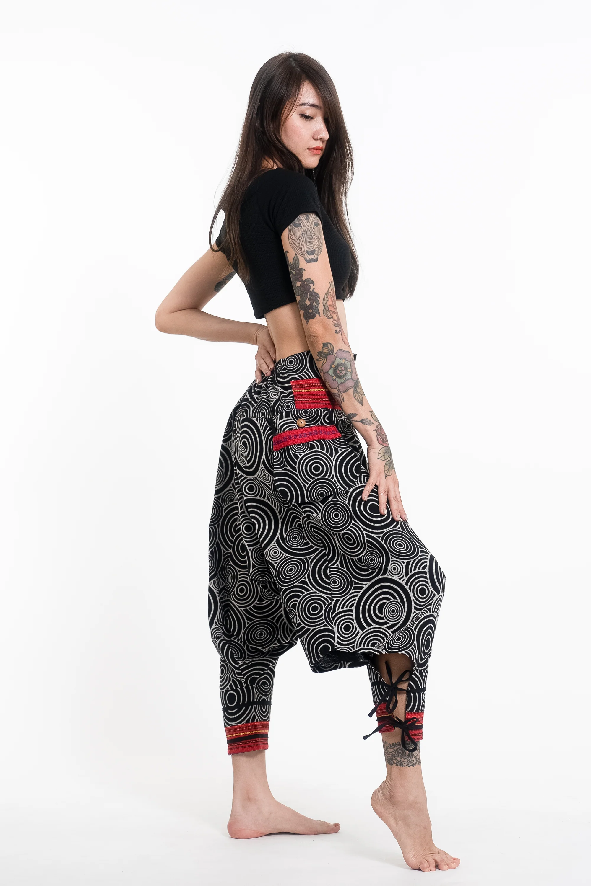 2313-Swirls-Prints-Thai-Hill-Tribe-Fabric-Women-s-Harem-Pants-with-Ankle-Straps-in-Black-4.webp Swirls Prints Thai Hill Tribe Fabric Women's Harem Pants with Ankle Straps in Black