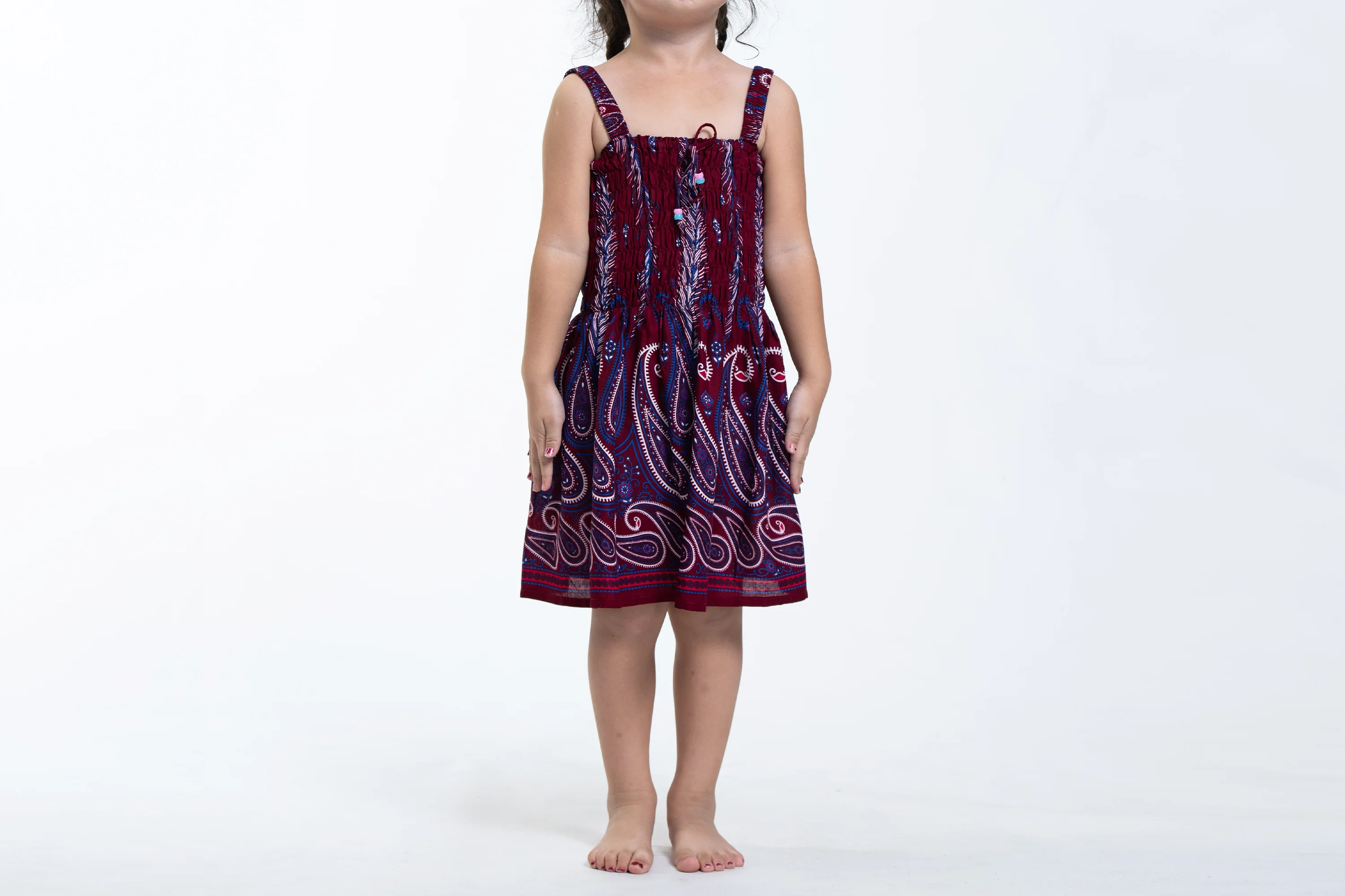 Kids Paisley Feathers Smock Dress in Red