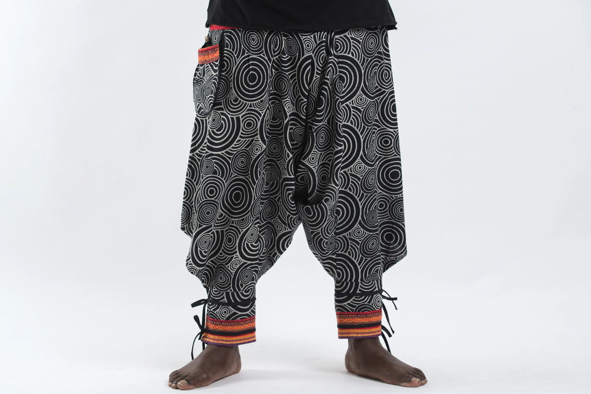 Plus Size Swirls Prints Thai Hill Tribe Fabric Men Harem Pants with Ankle Straps in Black