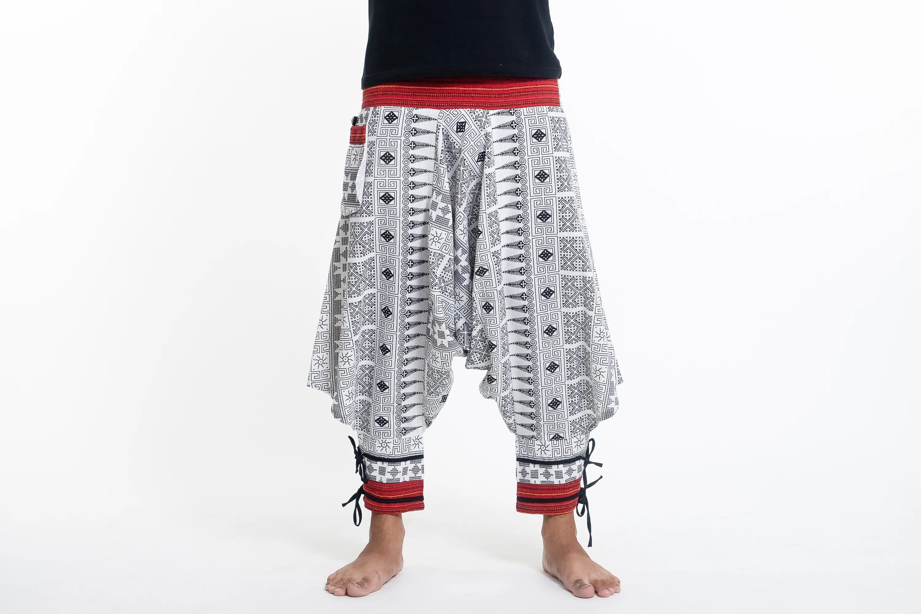 Traditional Prints Thai Hill Tribe Fabric Men's Harem Pants with Ankle Straps in White
