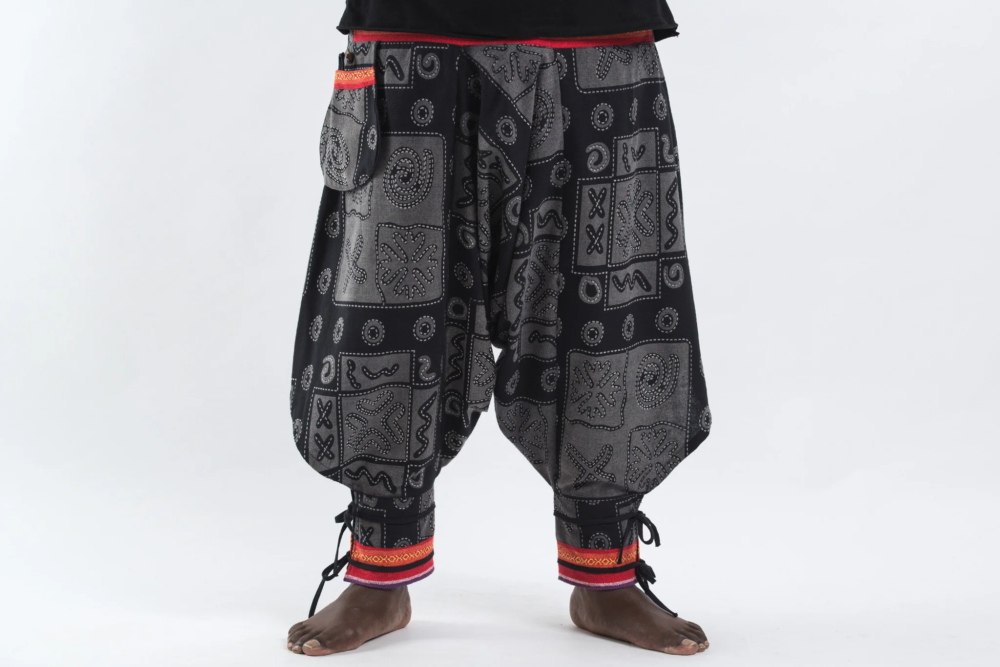 Plus Size Black and Gray Thai Hill Tribe Fabric Men Harem Pants with Ankle Straps