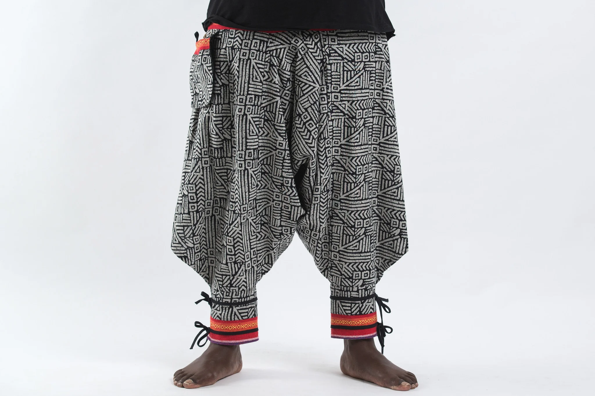 Plus Size Woven Prints Thai Hill Tribe Fabric Men Harem Pants with Ankle Straps in Black