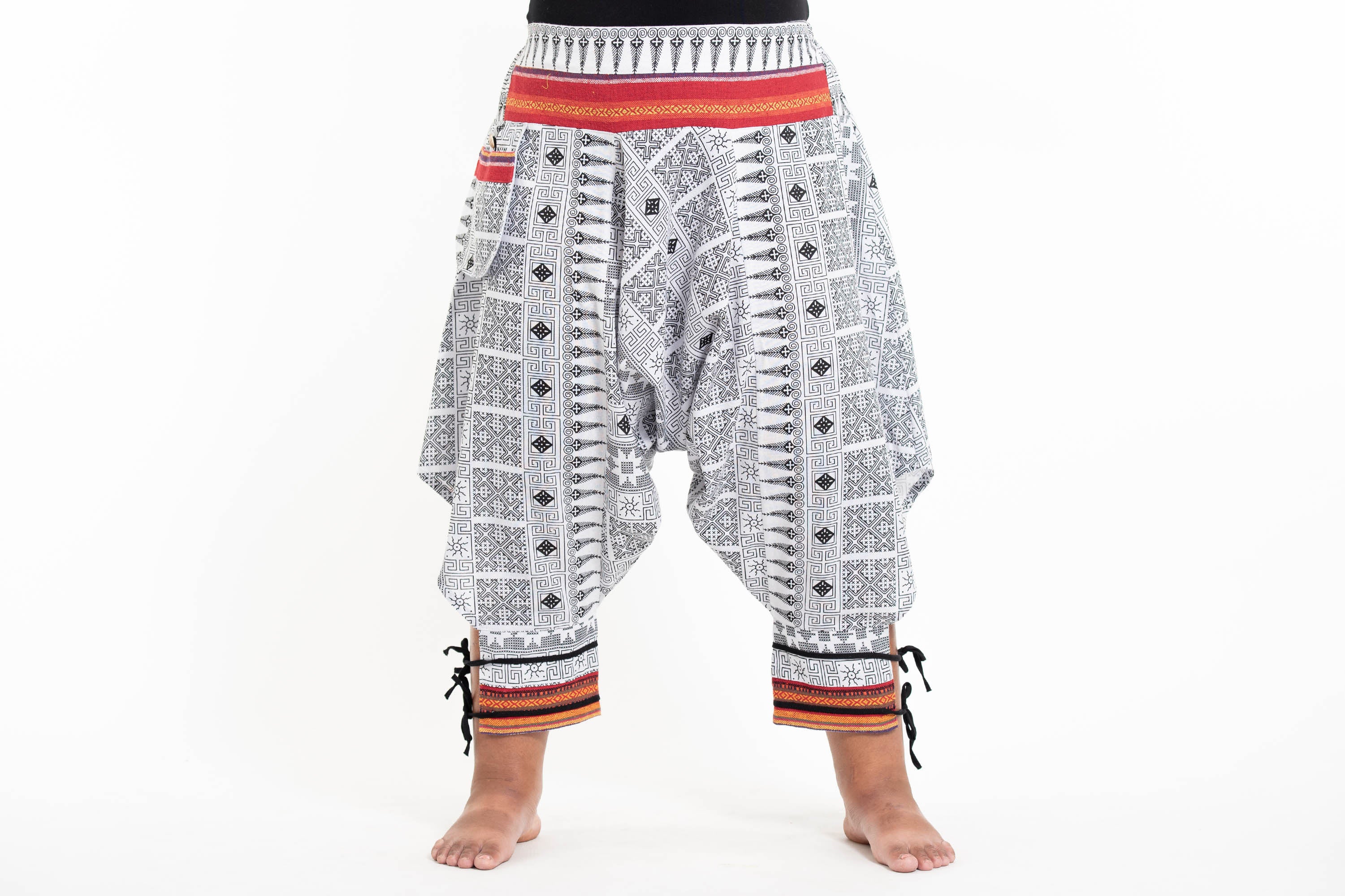 Plus Size Traditional Prints Thai Hill Tribe Fabric Men's Harem Pants with Ankle Straps in White