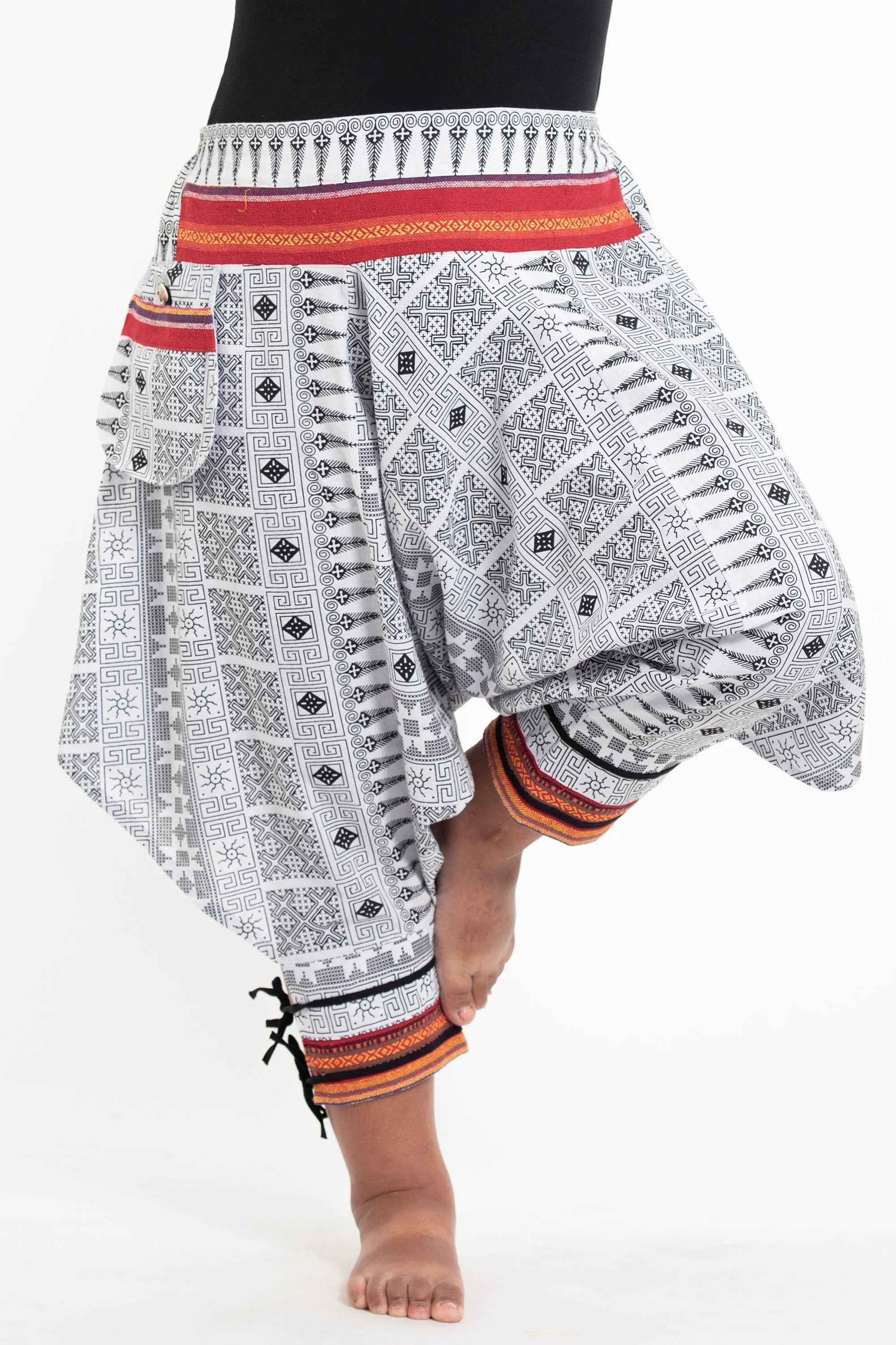 2372-Plus-Size-Traditional-Prints-Thai-Hill-Tribe-Fabric-Men-s-Harem-Pants-with-Ankle-Straps-in-White-4.webp Plus Size Traditional Prints Thai Hill Tribe Fabric Men's Harem Pants with Ankle Straps in White