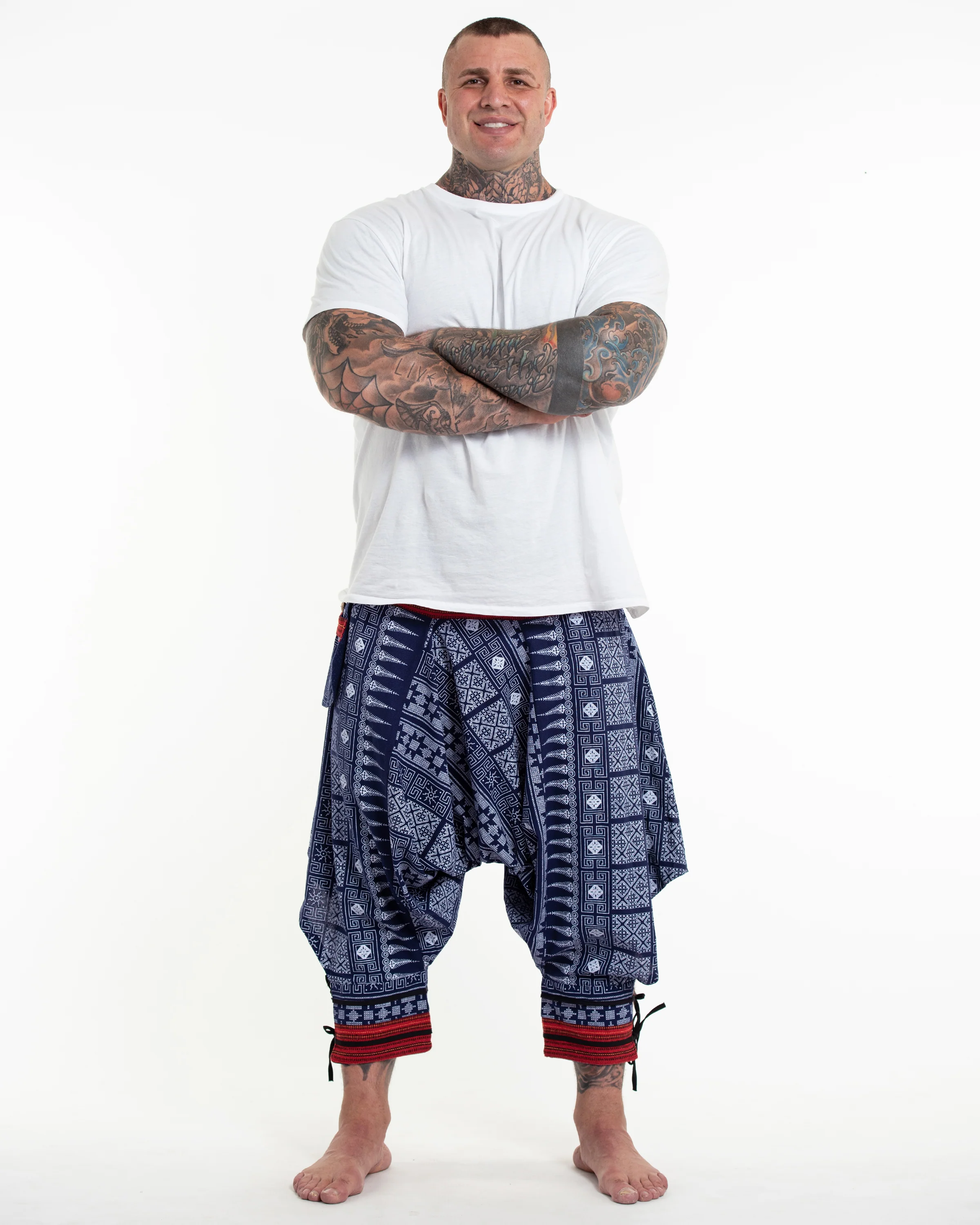Plus Size Traditional Prints Thai Hill Tribe Fabric Men's Harem Pants with Ankle Straps in Blue