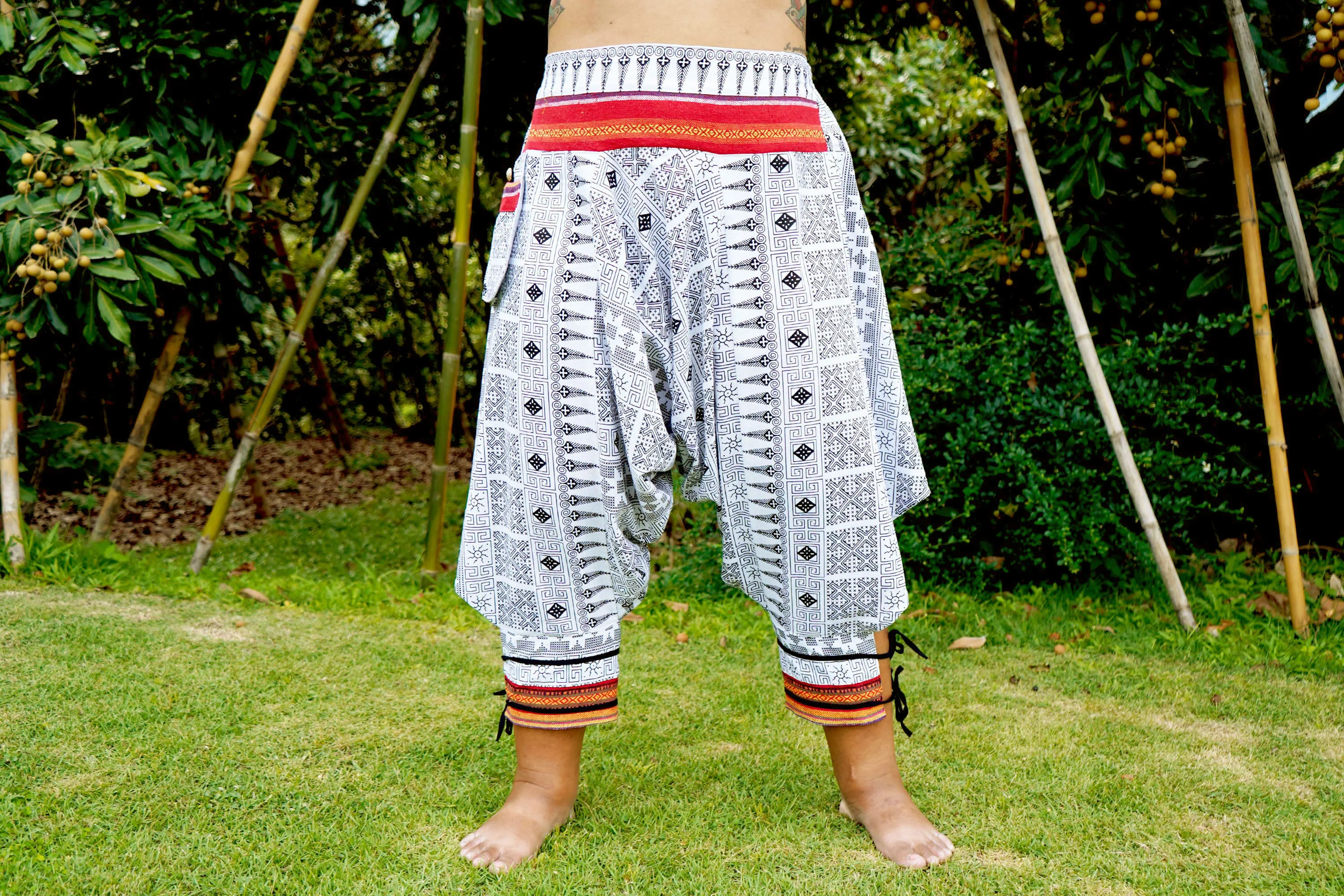 2383-Plus-Size-Traditional-Prints-Thai-Hill-Tribe-Fabric-Women-s-Harem-Pants-with-Ankle-Straps-in-White-2.webp Plus Size Traditional Prints Thai Hill Tribe Fabric Women's Harem Pants with Ankle Straps in White