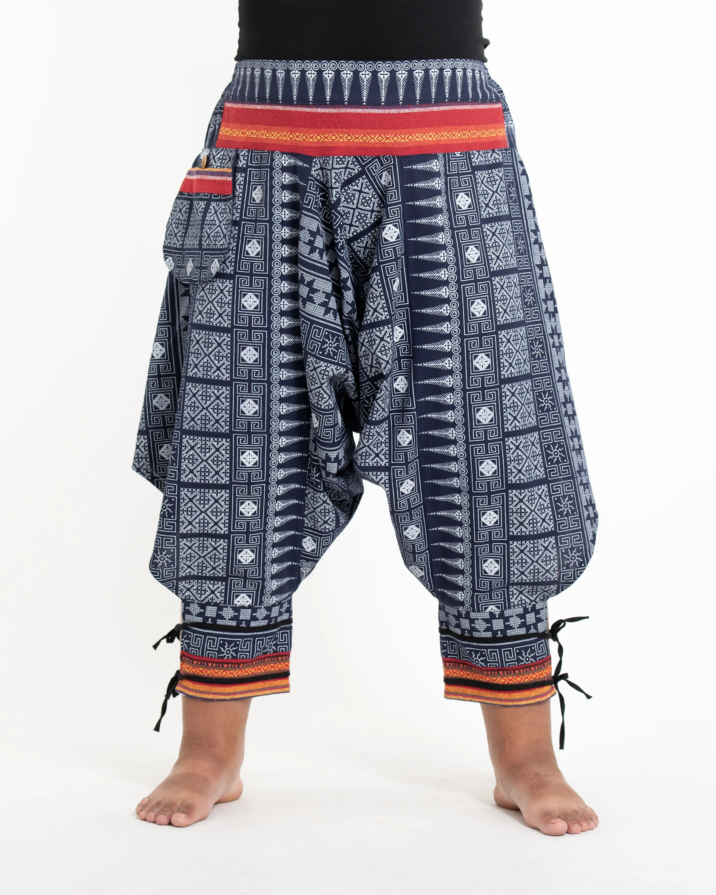 2384-Plus-Size-Traditional-Prints-Thai-Hill-Tribe-Fabric-Women-s-Harem-Pants-with-Ankle-Straps-in-Navy-2.webp Plus Size Traditional Prints Thai Hill Tribe Fabric Women's Harem Pants with Ankle Straps in Navy