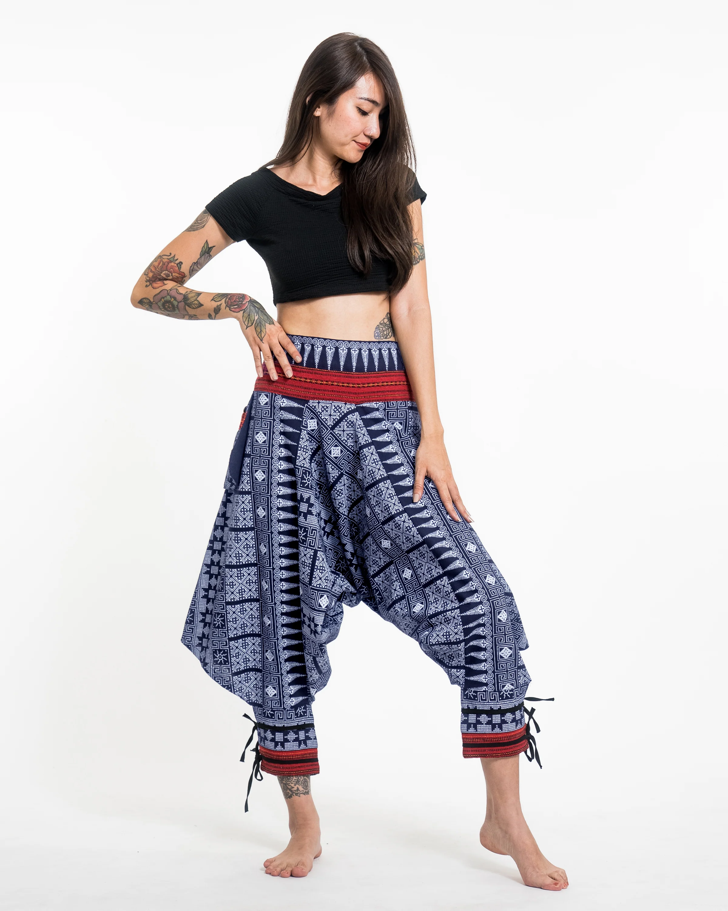 Traditional Prints Thai Hill Tribe Fabric Women's Harem Pants with Ankle Straps in Blue