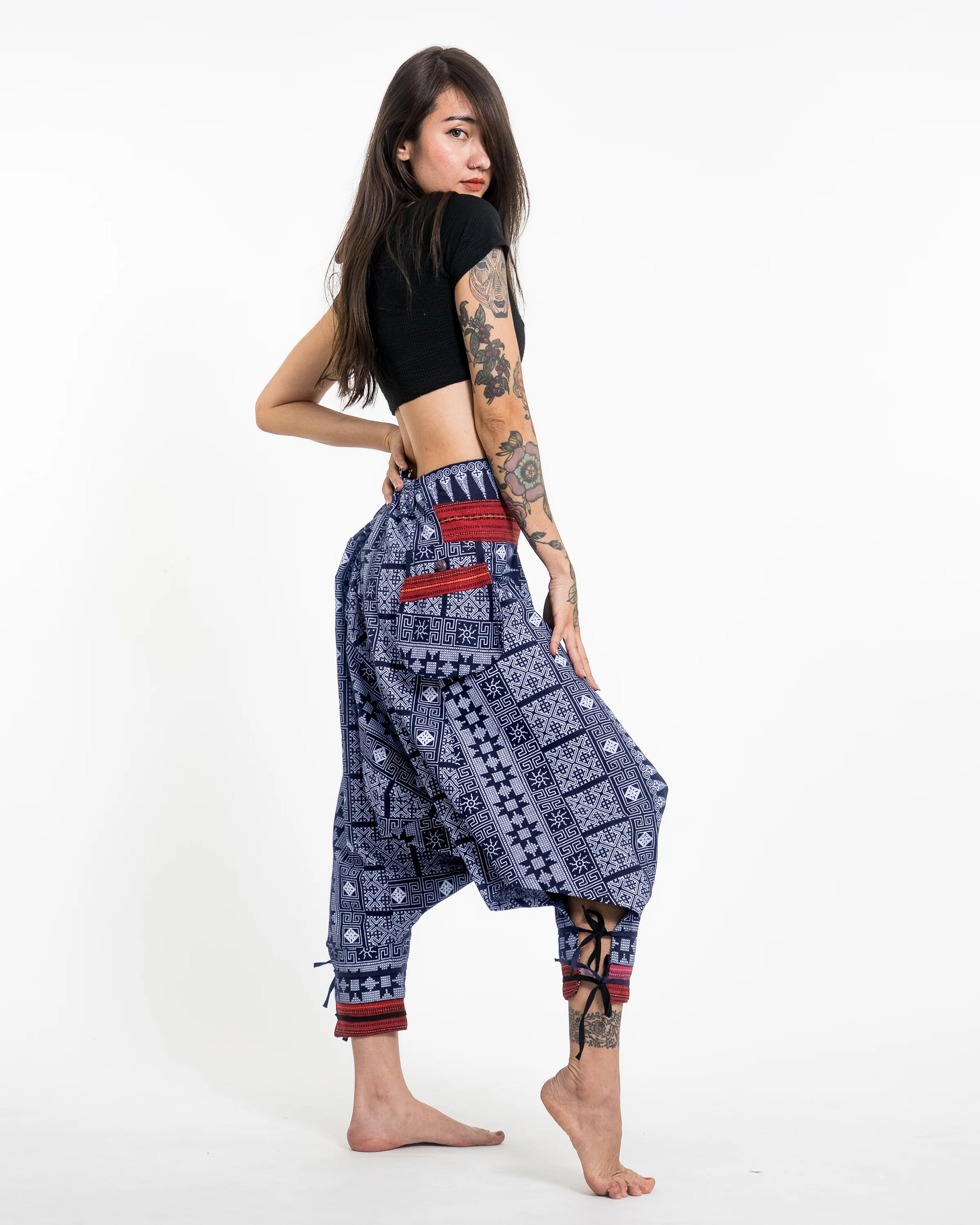 2387-Traditional-Prints-Thai-Hill-Tribe-Fabric-Women-s-Harem-Pants-with-Ankle-Straps-in-Blue-2.webp Traditional Prints Thai Hill Tribe Fabric Women's Harem Pants with Ankle Straps in Blue