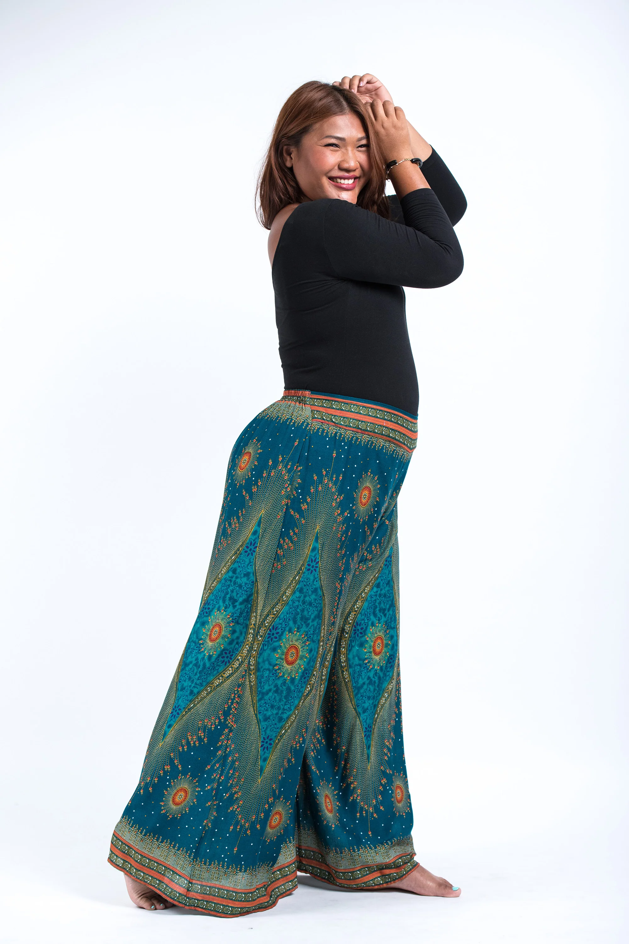 2398-Plus-Size-Peacock-Eyes-Palazzo-Style-Harem-Pants-in-Turquoise-2.webp Plus Size Peacock Eyes Palazzo Style Harem Pants in Turquoise
