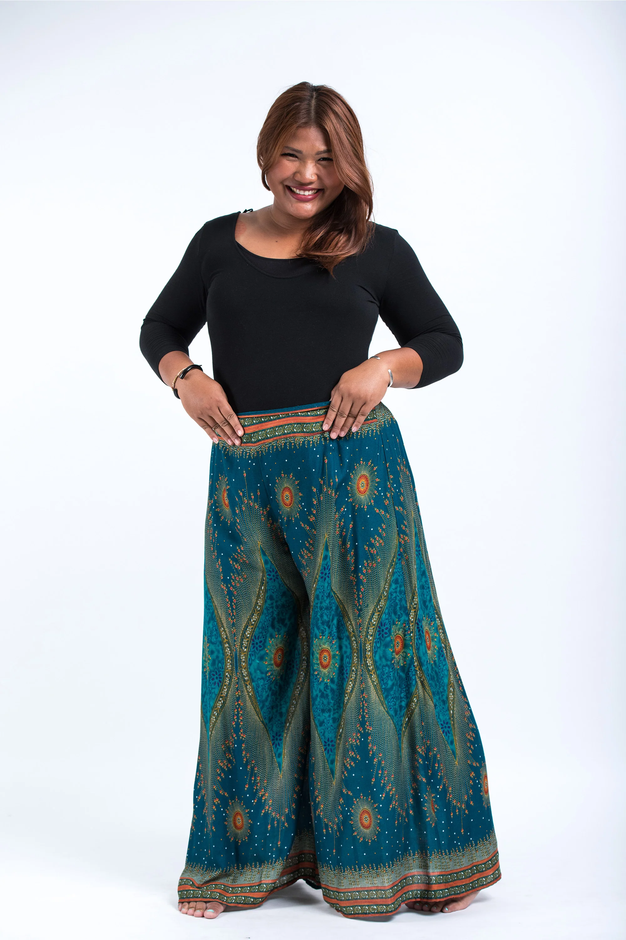 2398-Plus-Size-Peacock-Eyes-Palazzo-Style-Harem-Pants-in-Turquoise-3.webp Plus Size Peacock Eyes Palazzo Style Harem Pants in Turquoise
