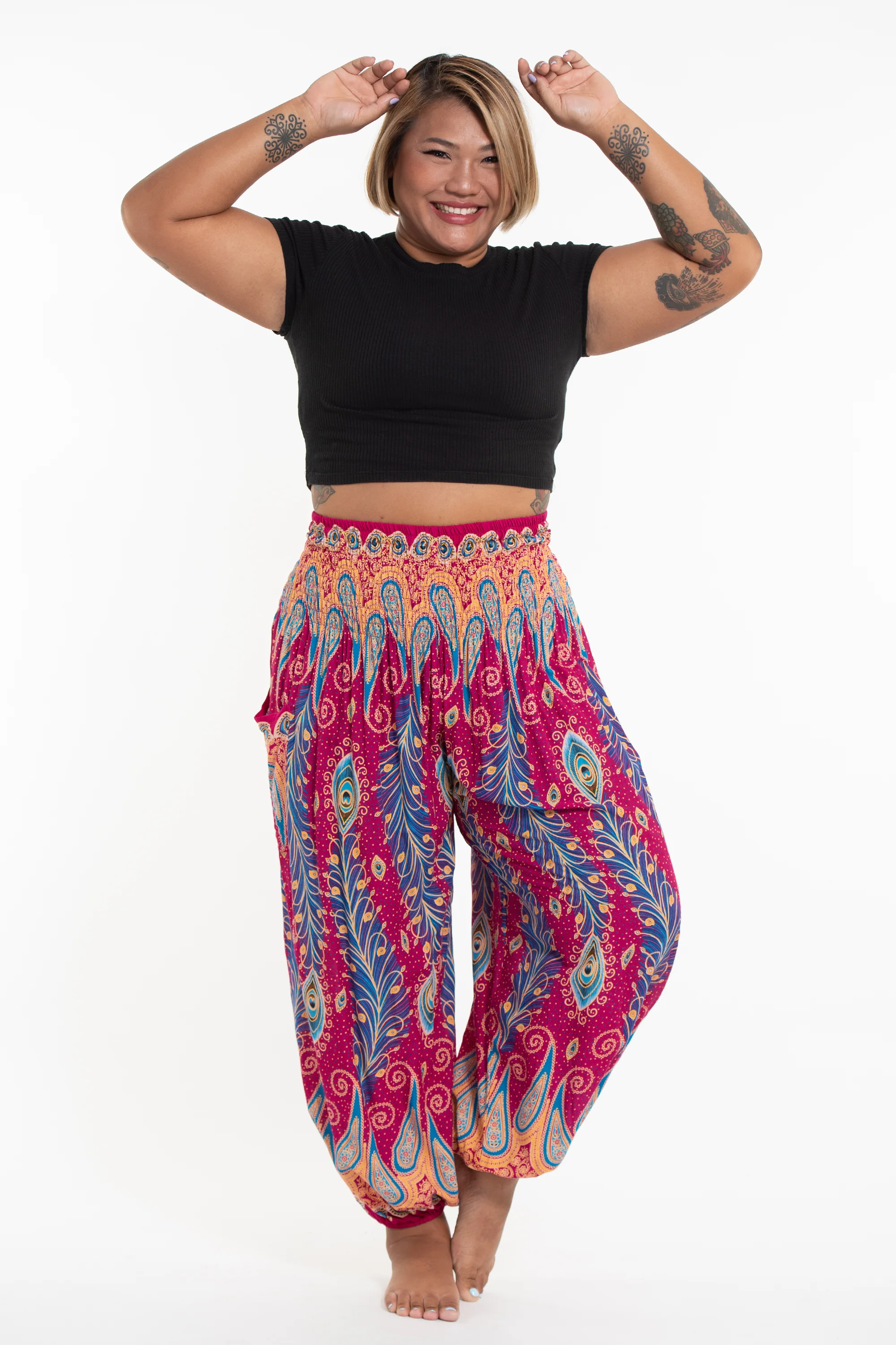 Plus Size Peacock Paisley Women's Harem Pants in Pink